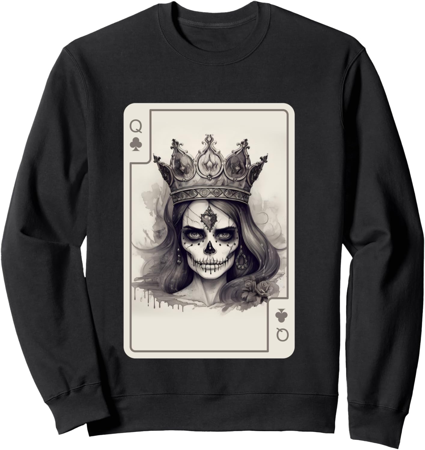 Gothic Poker Card Game Creepy Queens Skull Queen of Spades Sweatshirt - Sweatshirt | Black