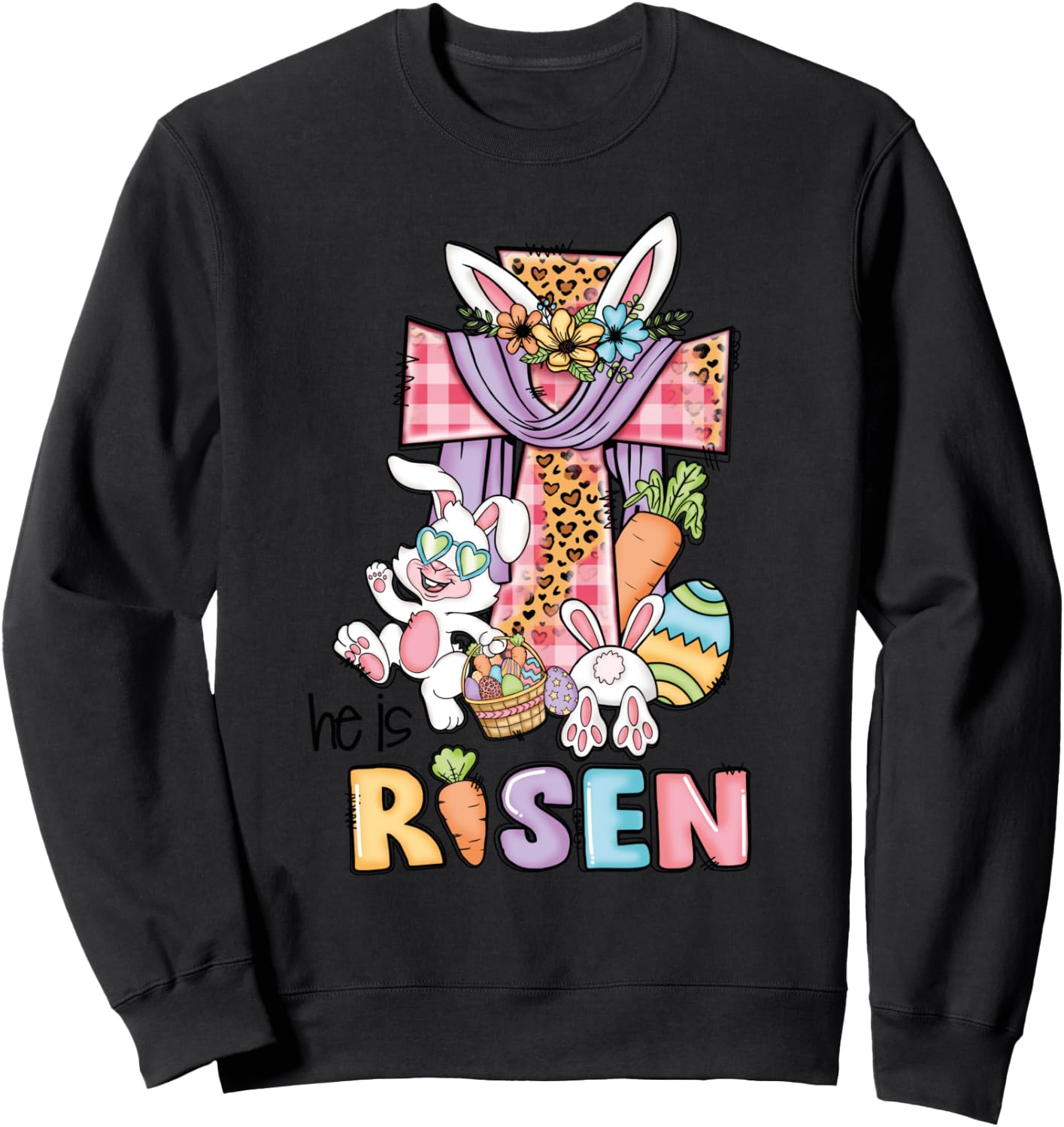 He is Risen Floral Cross Vintage Happy Easter Day Sweatshirt - Sweatshirt | Black