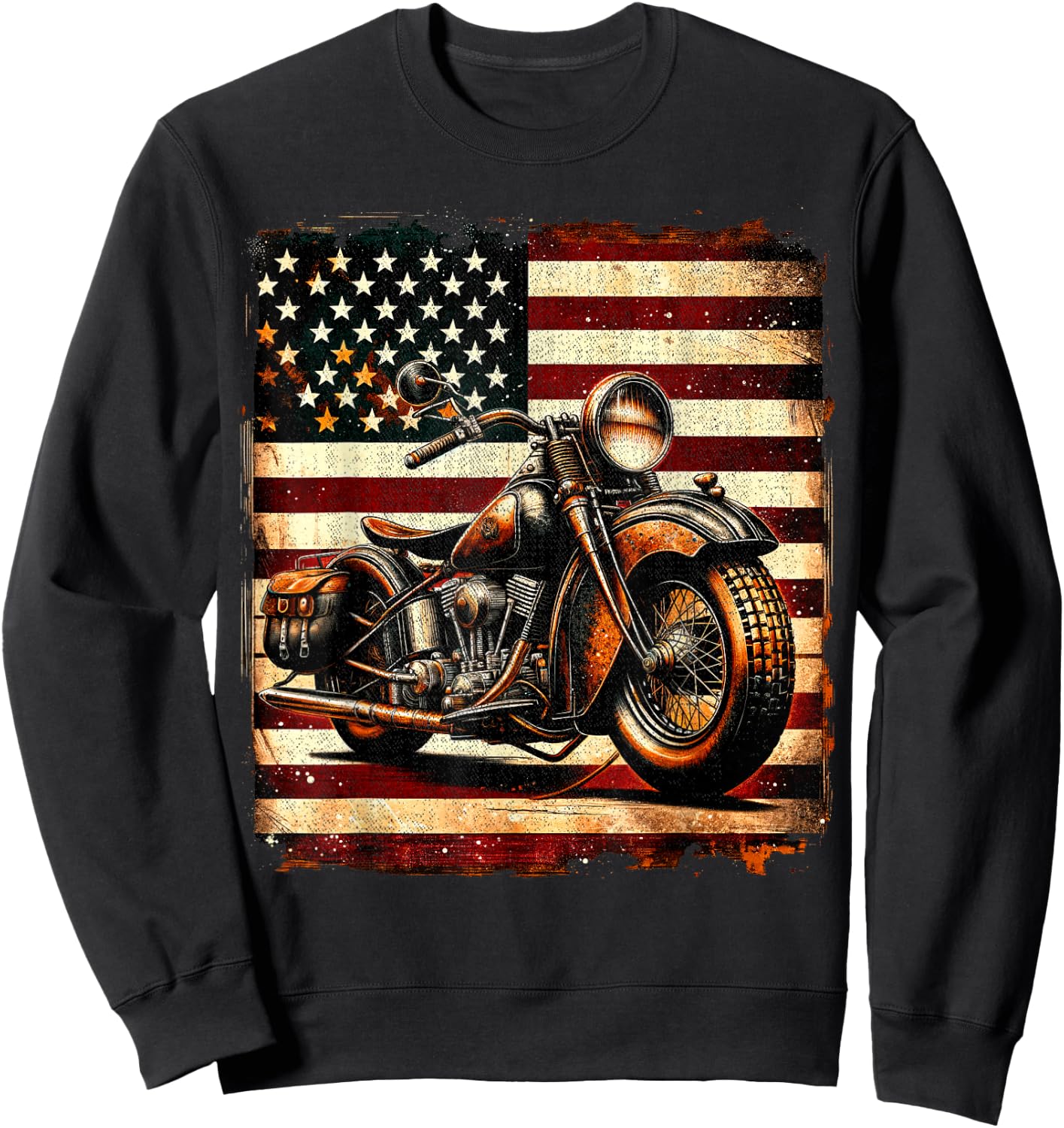 Motorcycle USA Flag Retro Biker Vintage Distressed Sweatshirt - Sweatshirt | Black