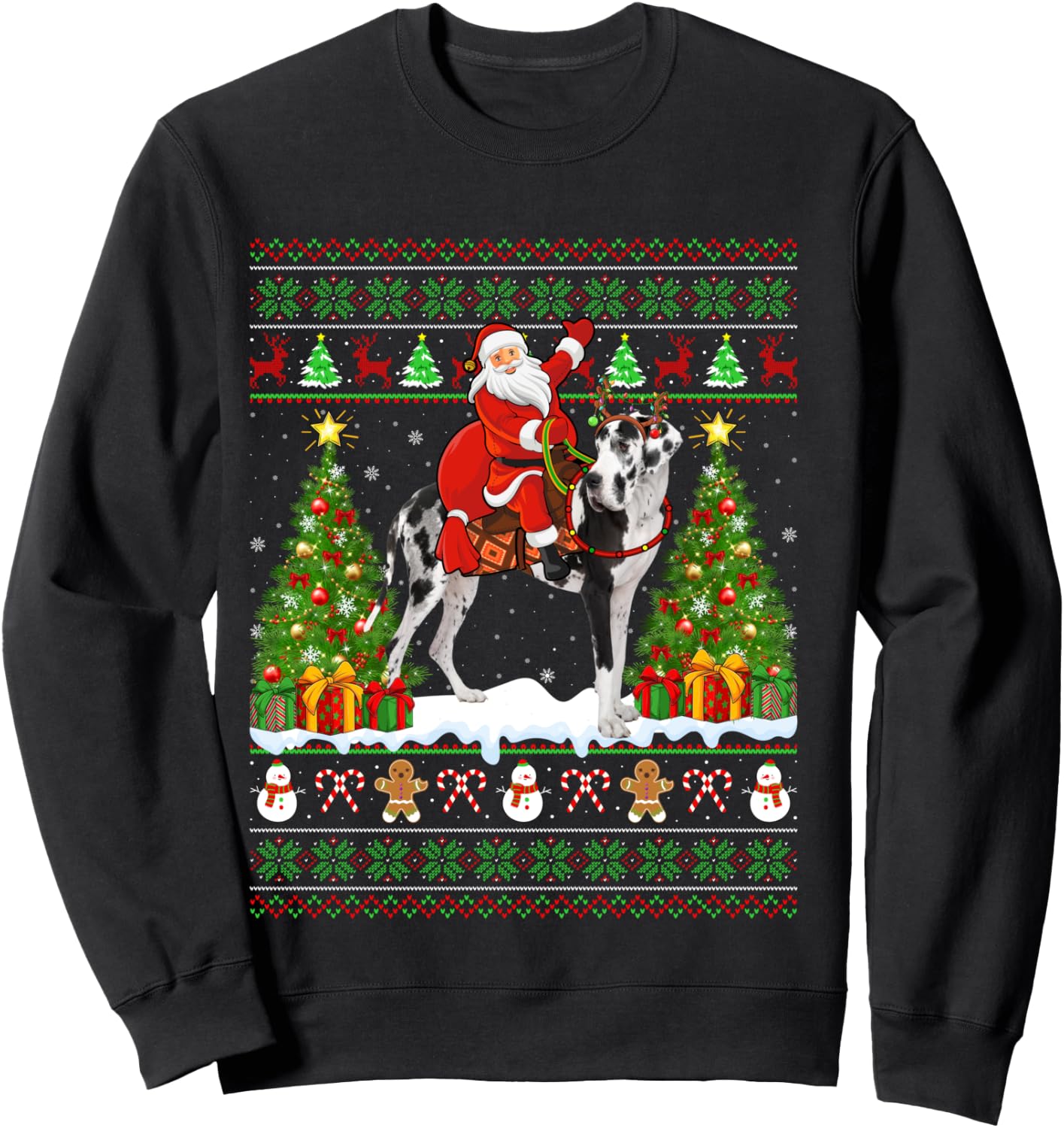Xmas Sweater Ugly Santa Riding Great Dane Dog Christmas Sweatshirt - Sweatshirt | Black