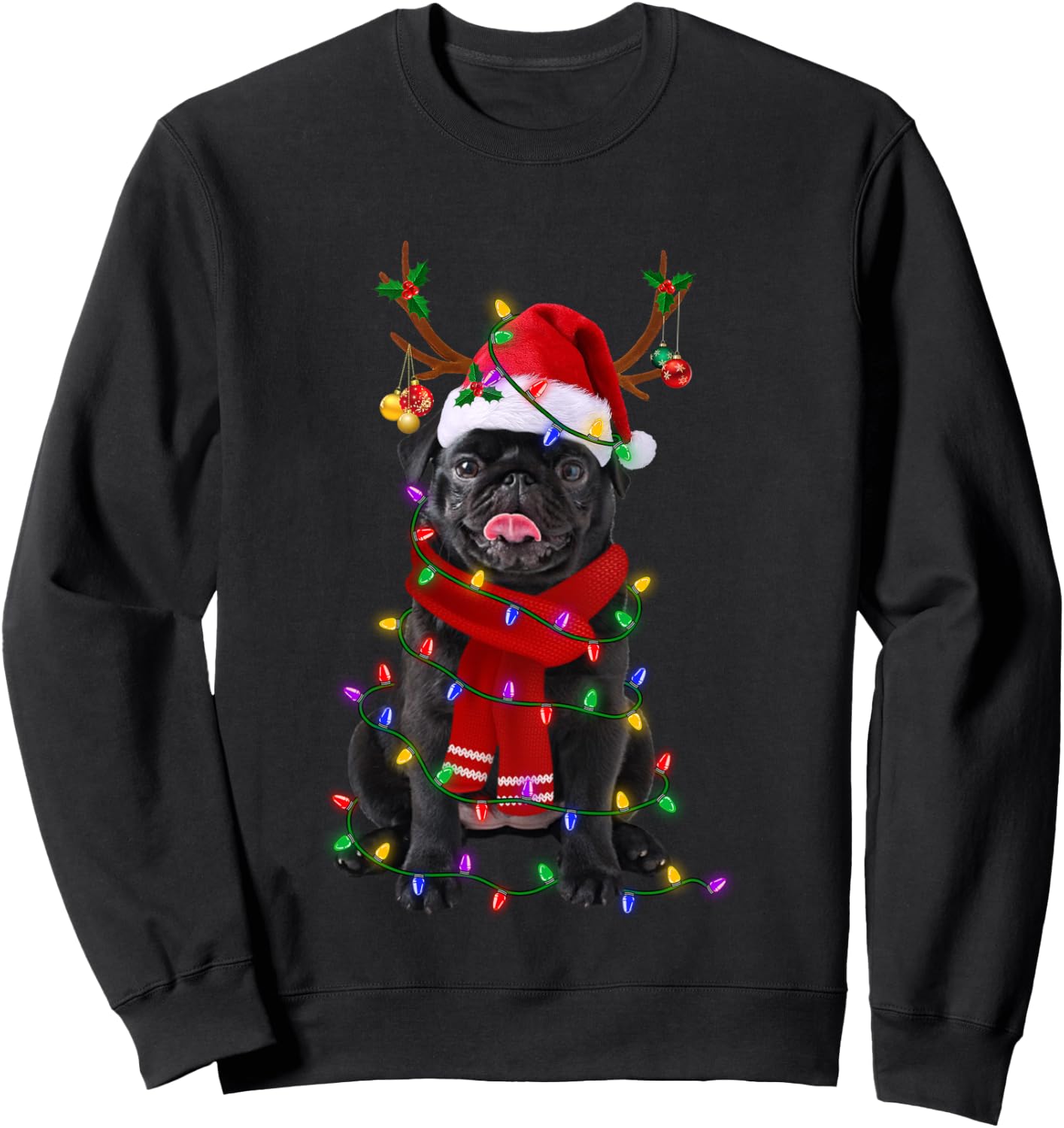 Black Pug Dog Tree Christmas Lights Xmas Pajama Sweatshirt - Sweatshirt | Black