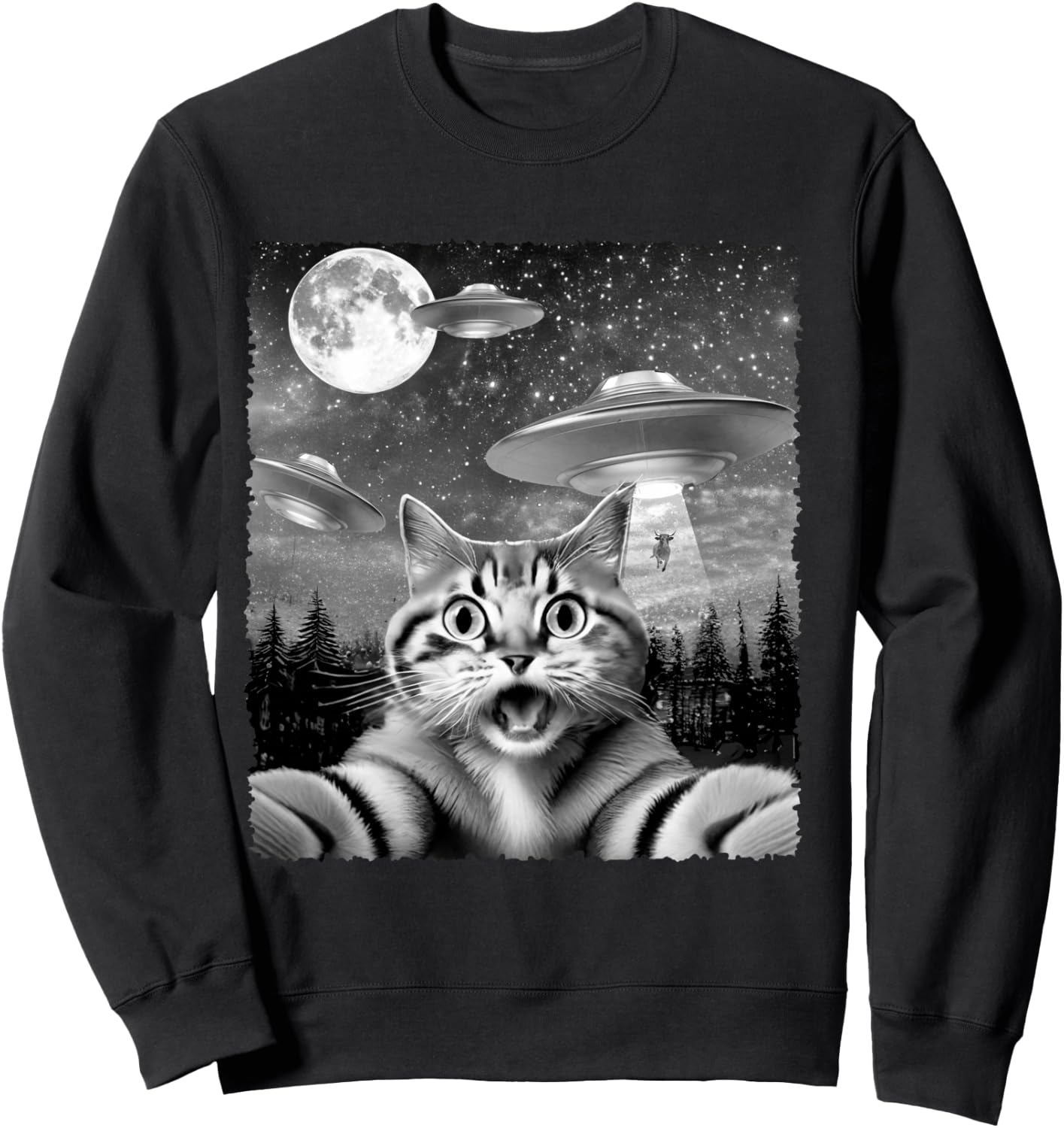 Funny Alien Cat Selfie with UFOs Gift Men Women Kids Sweatshirt - Sweatshirt | Black