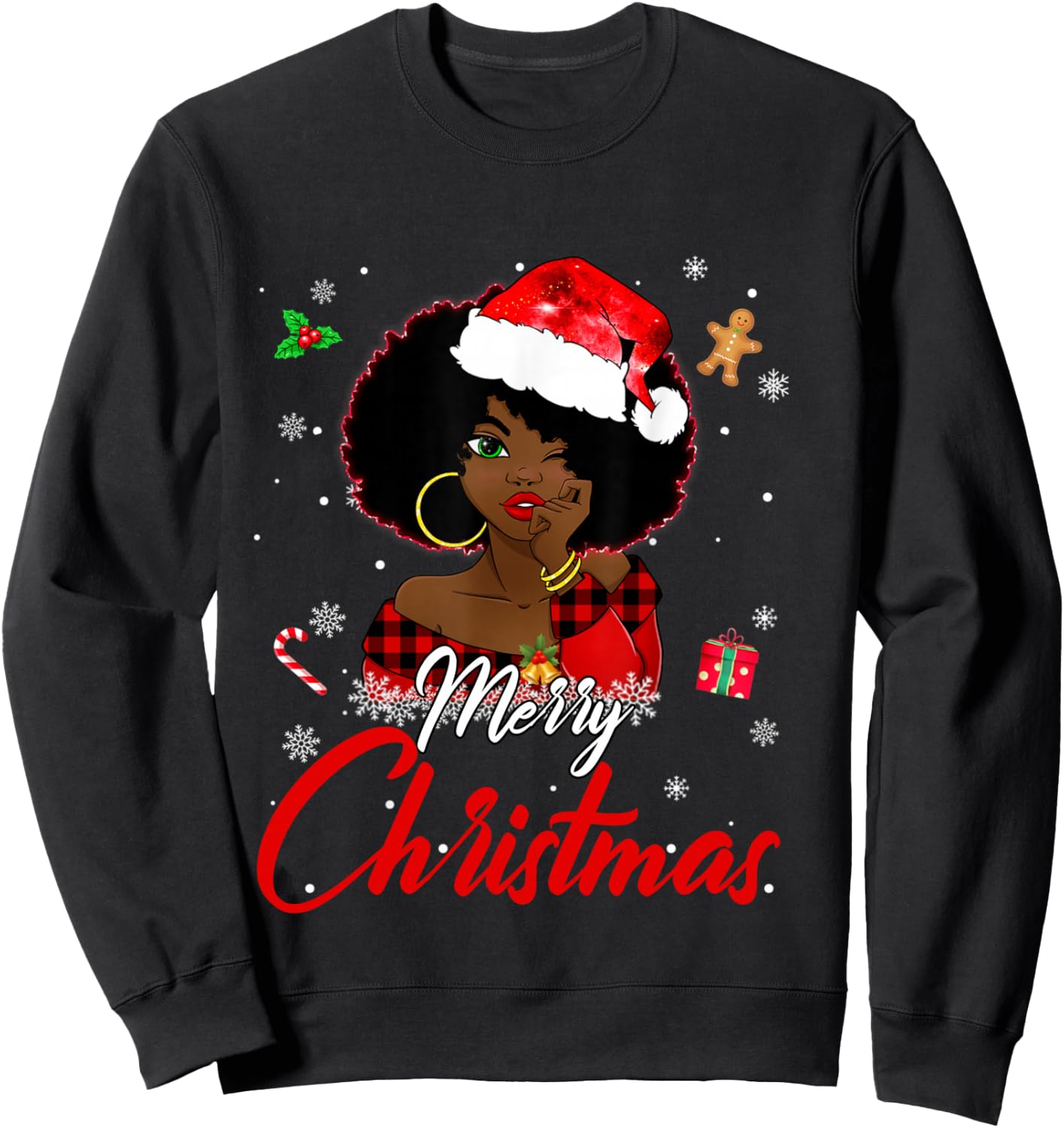 Black African Girl American Melanin Christmas Santa Hat Xmas Sweatshirt - Sweatshirt | Black