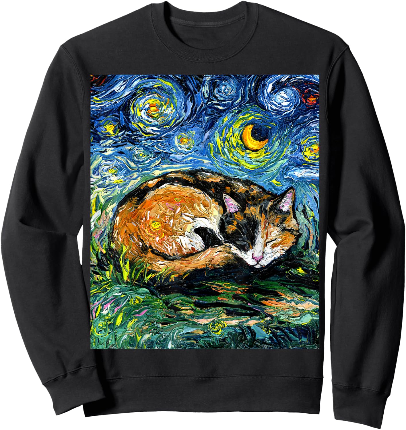 Sleeping Calico Cat Starry Night Animal Lover Pet Artwork Sweatshirt - Sweatshirt | Black