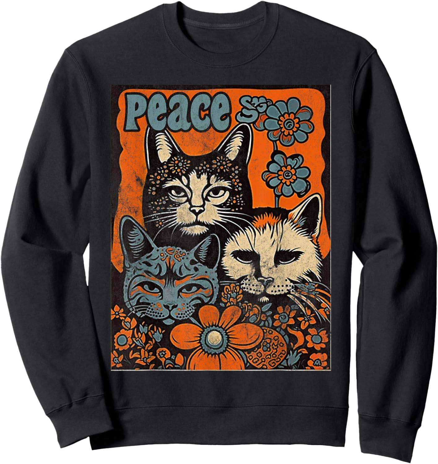 Cat Funny 60s 70s Hippie Vintage Flowers Groovy Psychedelic Men Women Sweatshirt - Sweatshirt | Black
