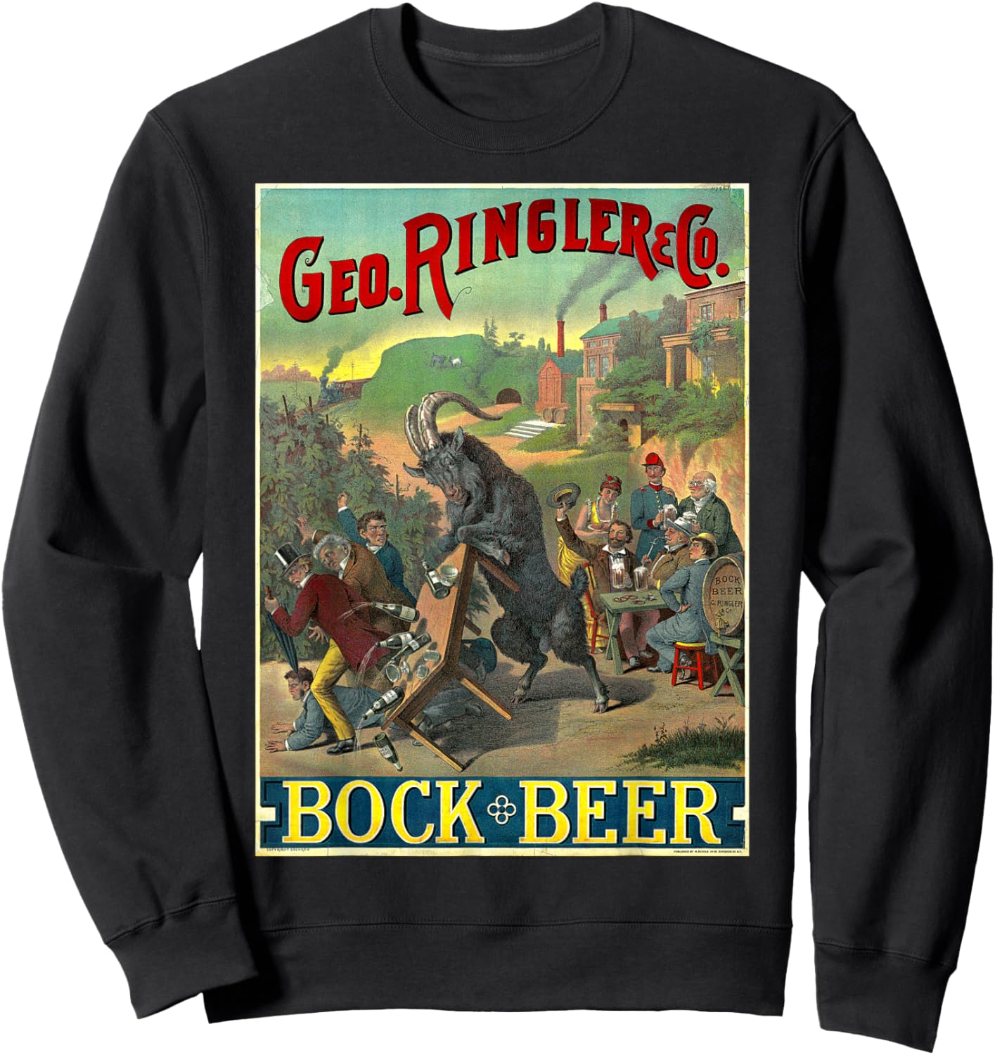 Black Goat Bock Beer Knocking Over Table of Wine Sweatshirt - Sweatshirt | Black