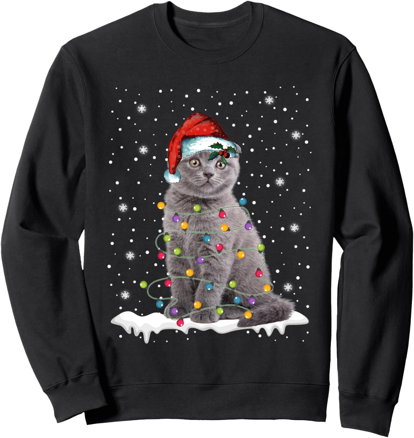 Scottish Fold Cat Funny Christmas Lights Sweater Xmas Kitten Sweatshirt - Sweatshirt | Black
