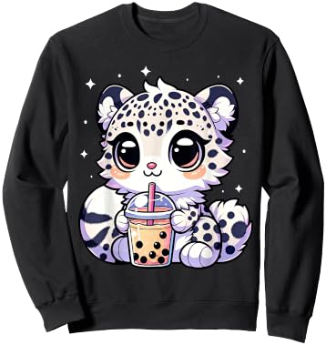 Kawaii Anime Snow Leopard Boba Bubble Tea Lover Sweatshirt - Sweatshirt | Black