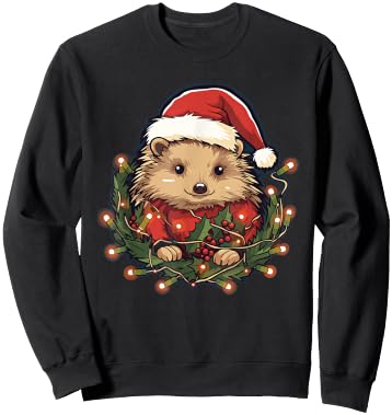 Cute Hedgehog Christmas Lights Santa Hat Xmas Pajama Sweatshirt - Sweatshirt | Black