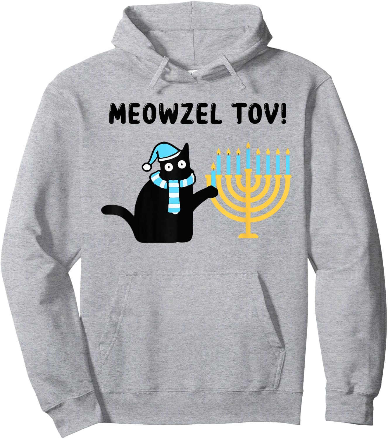Meowzel Tov Gift Black Cat Mazel Tov Menorah Funny Hanukkah Hoodie - Hoodie | Ash