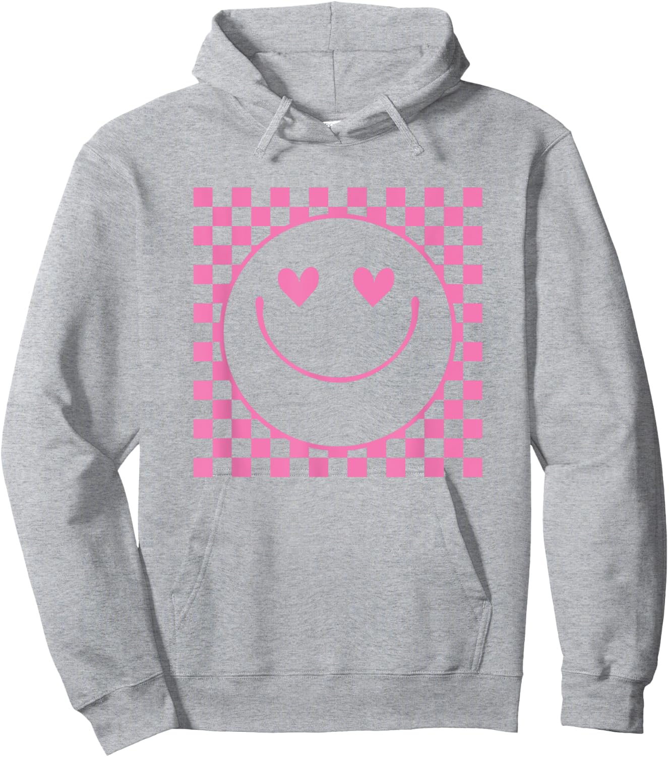 Pink Heart Eyes Smile Face Checkered Pattern Cute Happy Face Hoodie - Hoodie | Ash