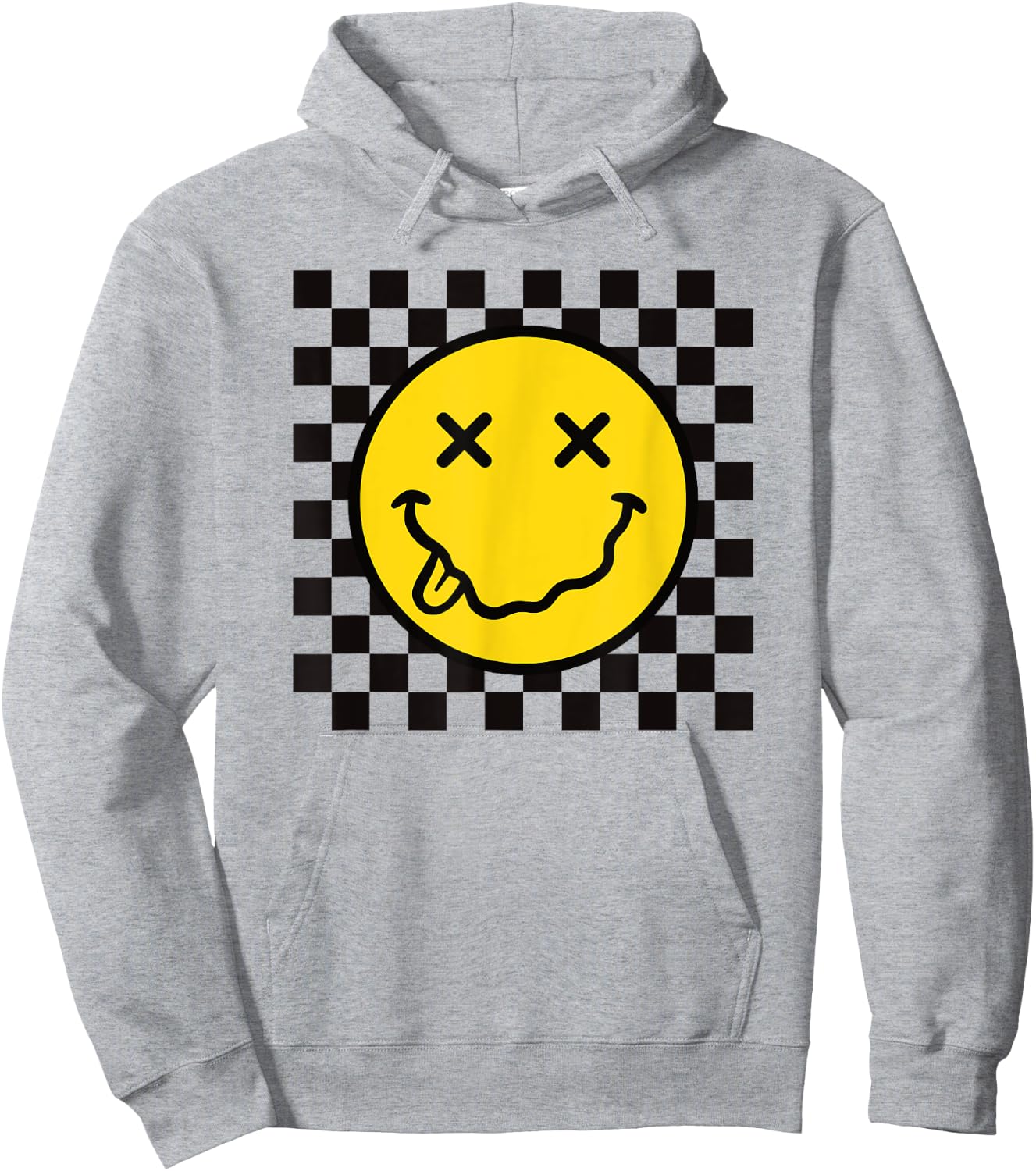 70s Yellow Smile Face Funny Tongue Out Checkered Happy Face Hoodie - Hoodie | Ash