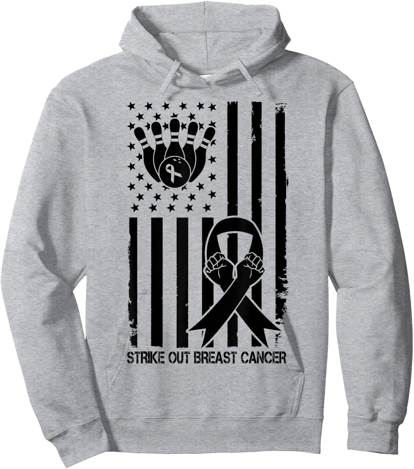 Strike Out Bowling Ribbon USA Flag Breast Cancer Awareness Kids Men Hoodie - Hoodie | Ash