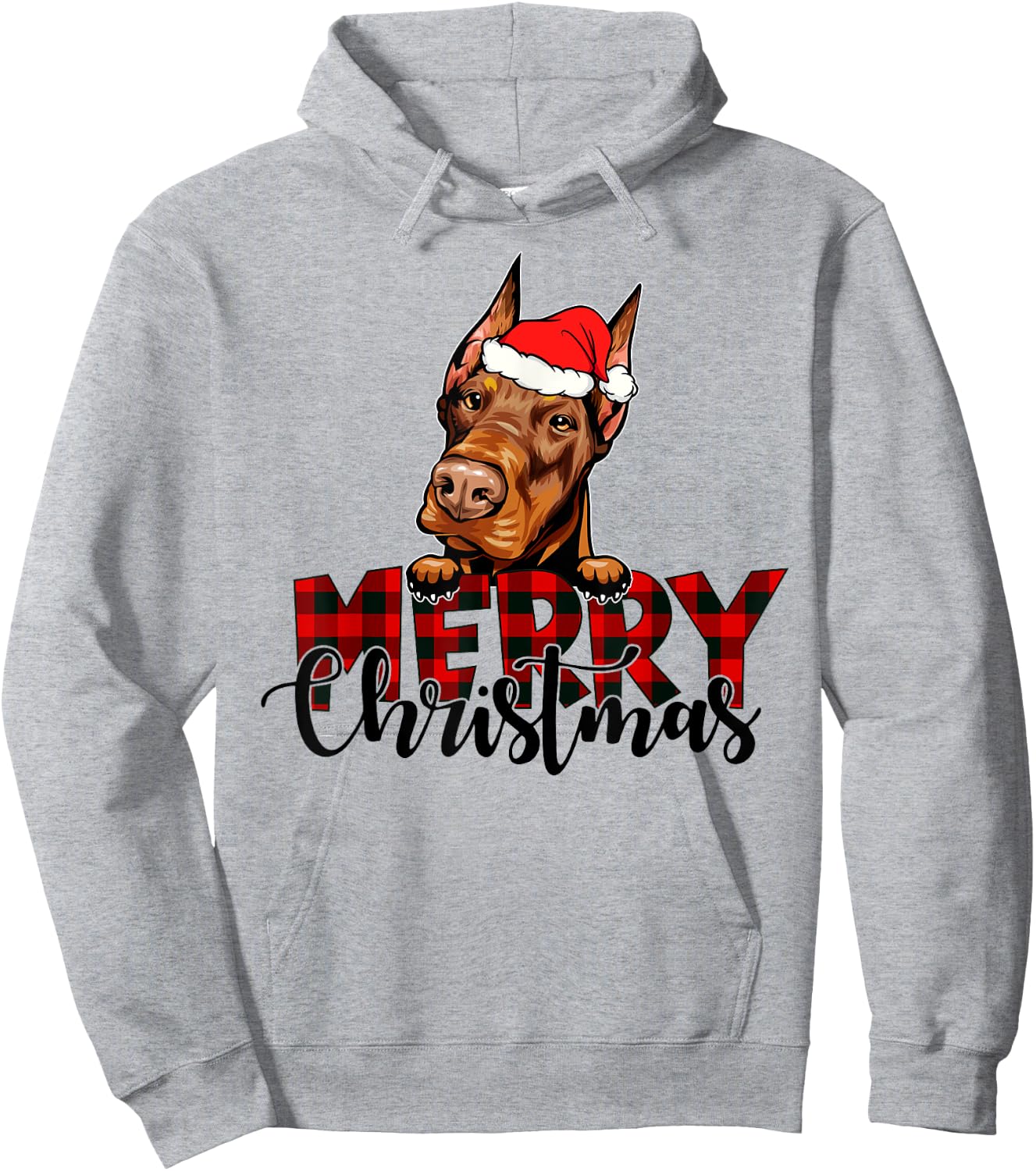 Merry Christmas Doberman Dog Christmas Red Plaid Santa Hat Hoodie - Hoodie | Ash