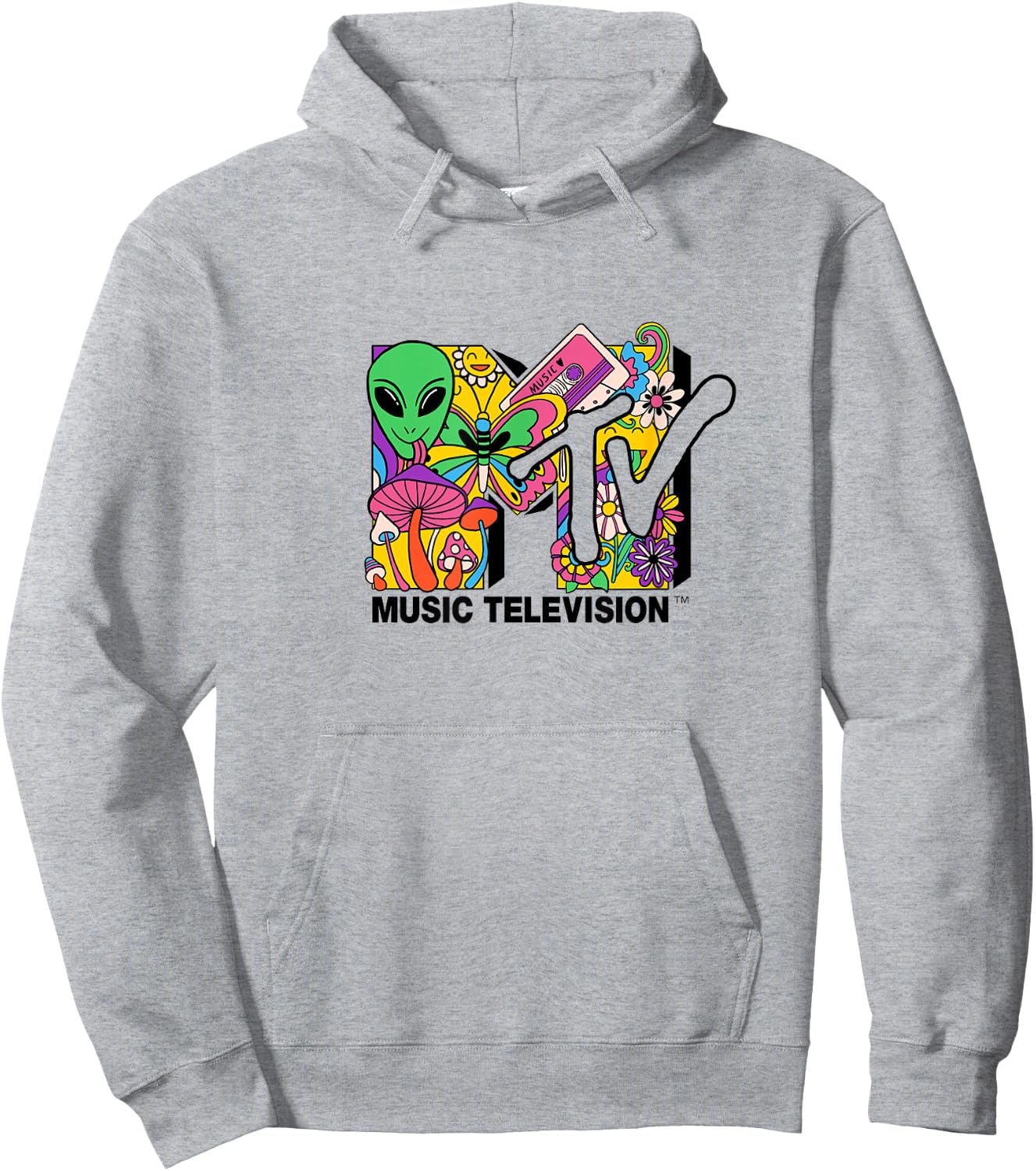 Mademark x MTV - The official MTV Logo with mushrooms aliens and flowers Hoodie - Hoodie | Ash