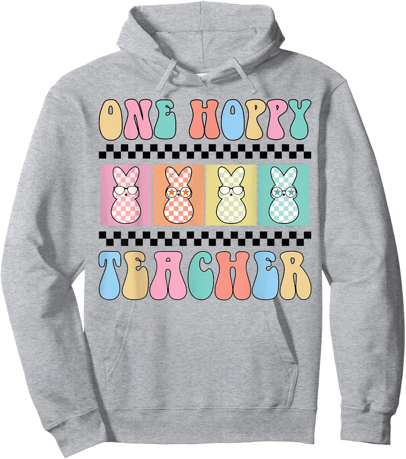 One Hoppy Teacher Bunny Easter Day Groovy Retro Boy Girl Hoodie - Hoodie | Ash