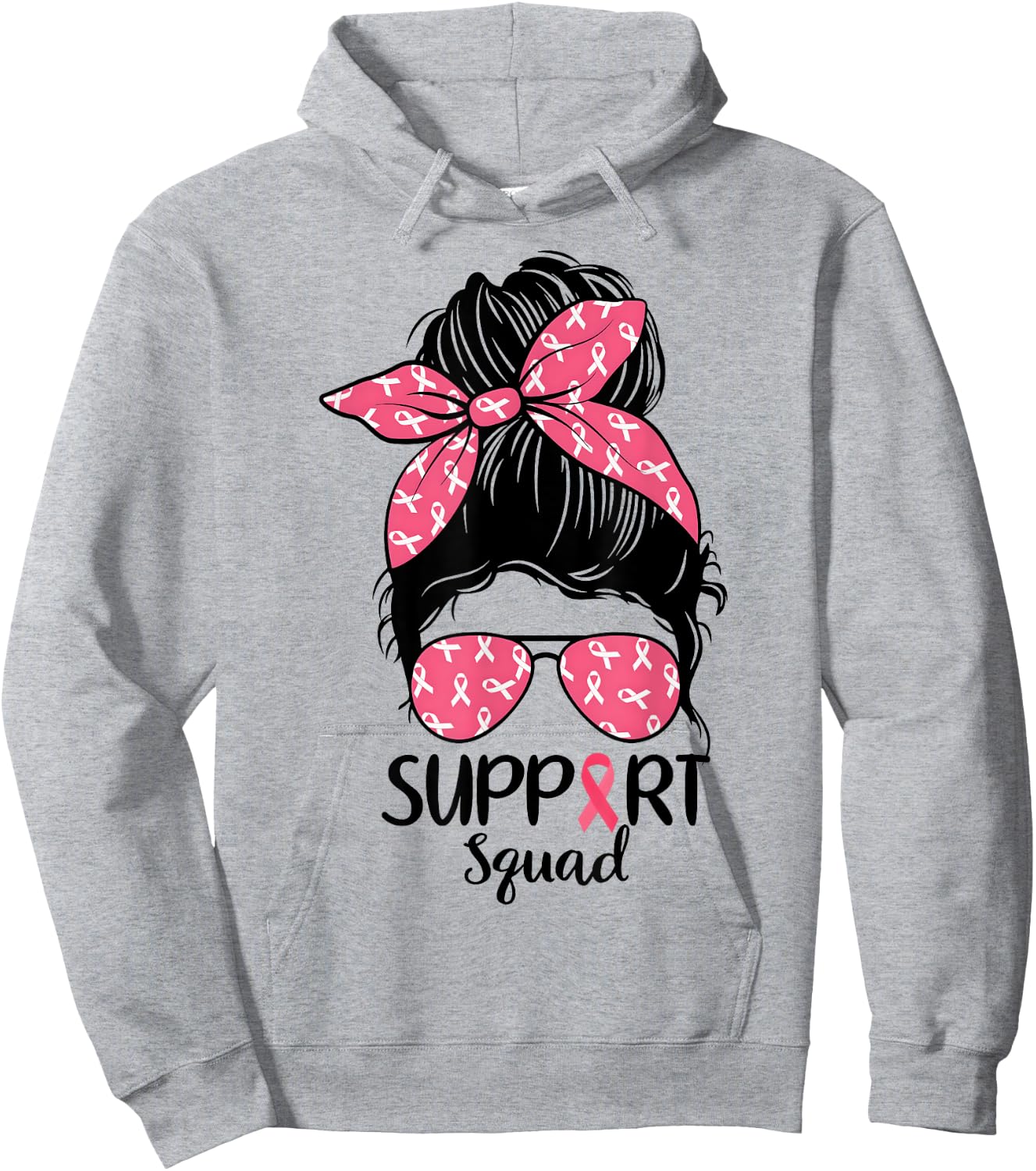 Support Squad Messy Bun Pink Warrior Breast Cancer Awareness Hoodie - Hoodie | Ash