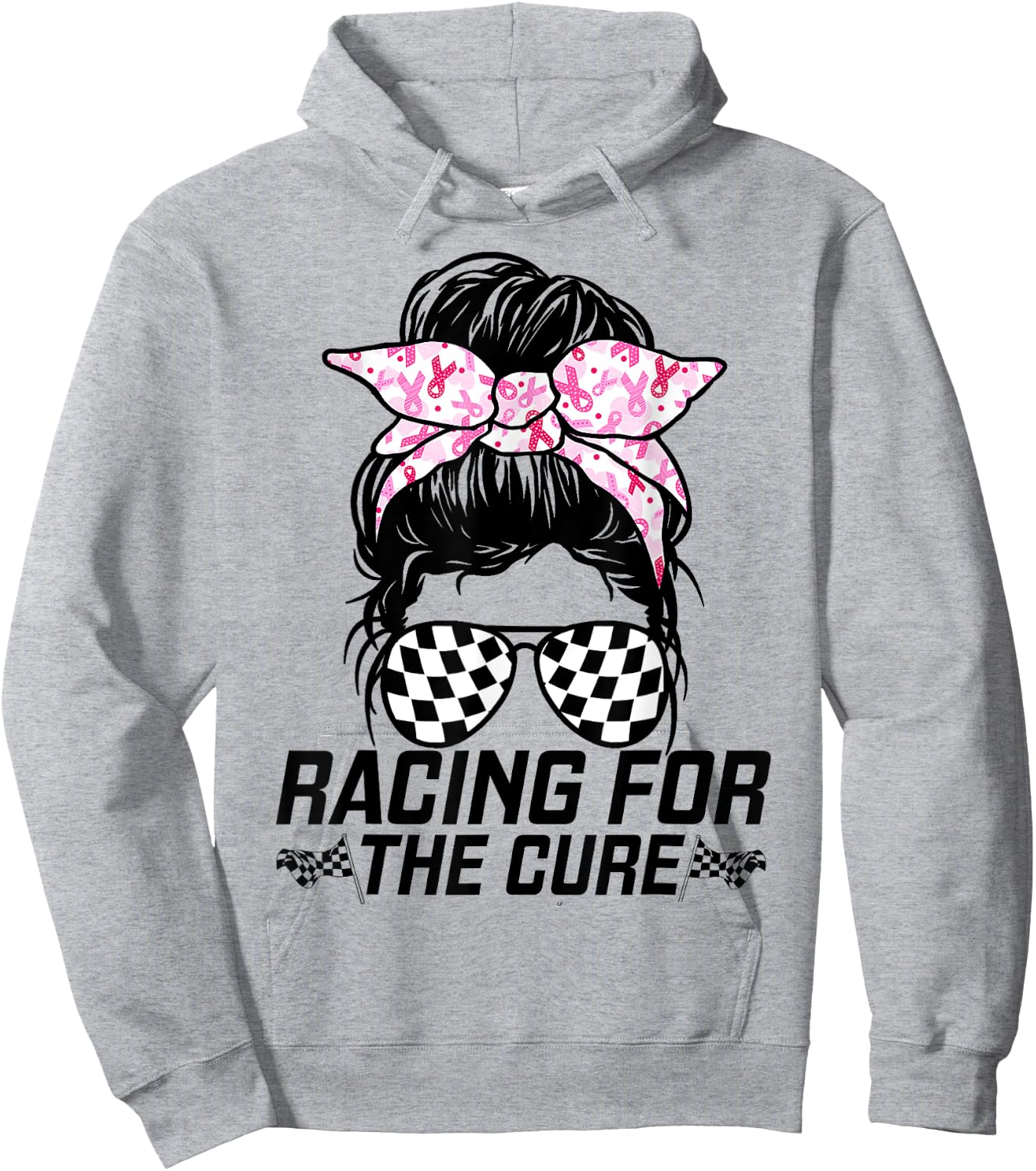 Racing For A Cure Race Mom Grandma Messy Bun Breast Cancer Hoodie - Hoodie | Ash