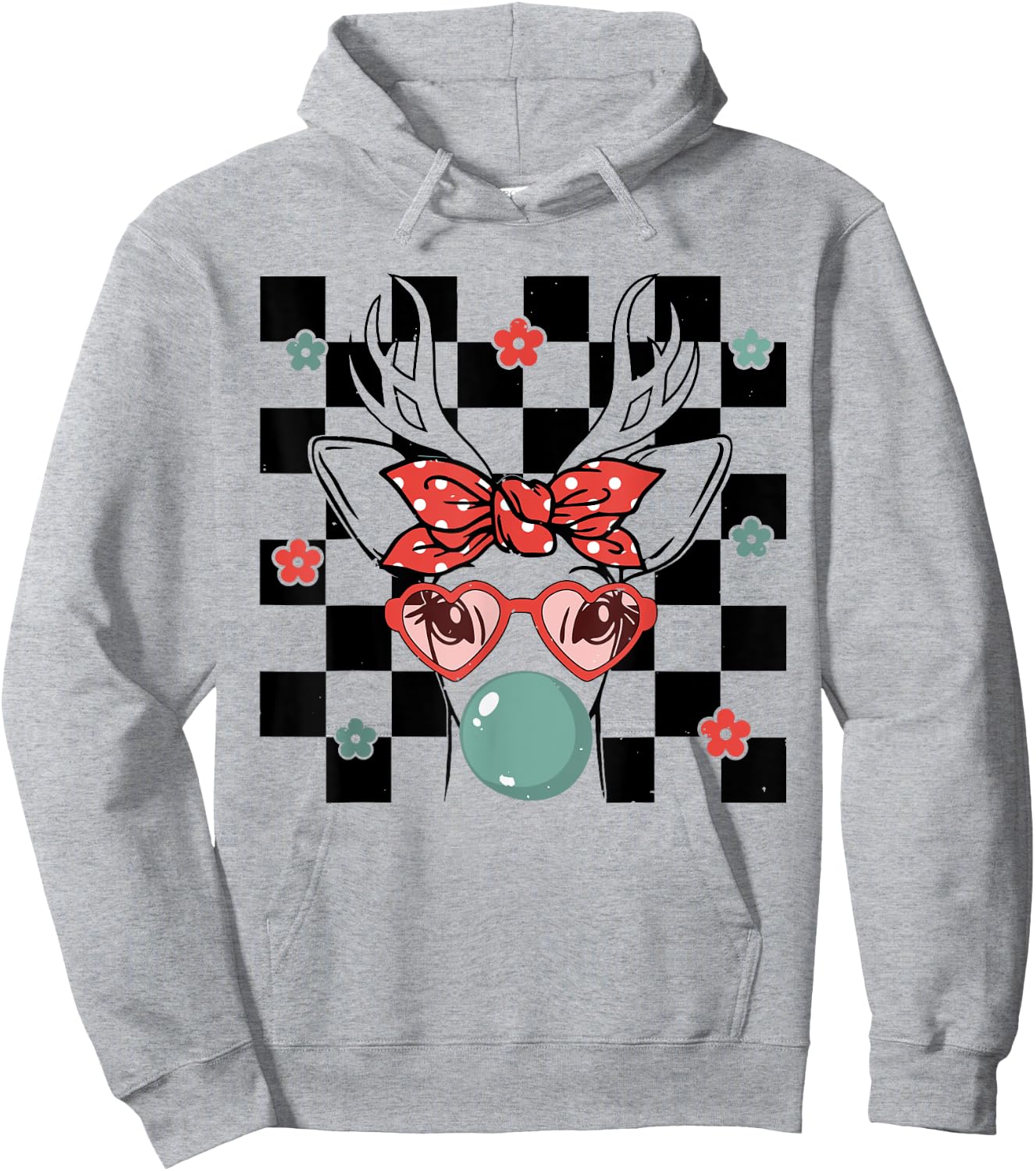 Cute Reindeer Wearing Glasses Bubblegum Checkered Christmas Hoodie - Hoodie | Ash