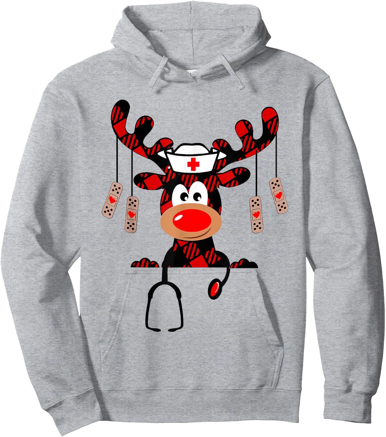 Nurse Christmas Reindeer Nurse Plaid NICU RN LPN Scrub Top Hoodie - Hoodie | Ash