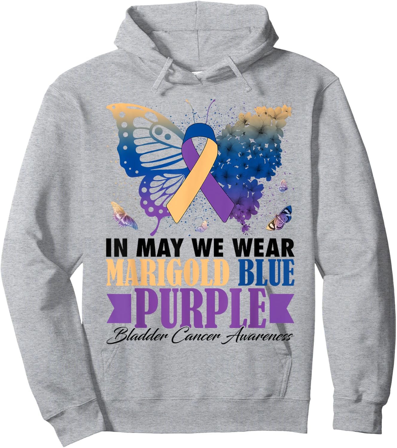 In May We Wear Marigold Blue Purple Bladder Cancer Butterfly Hoodie - Hoodie | Ash