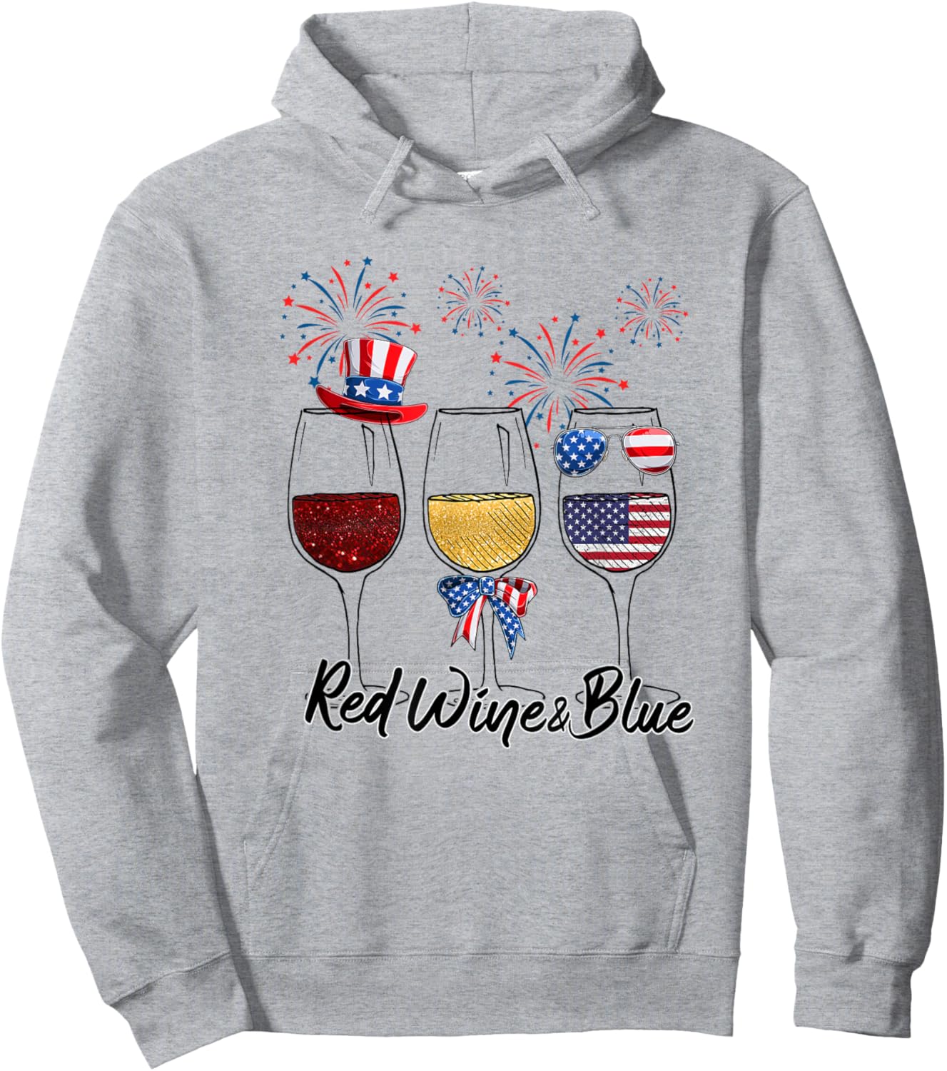 Red White Blue Wine Glasses 4th of July wine Red Wine & Blue Hoodie - Hoodie | Ash