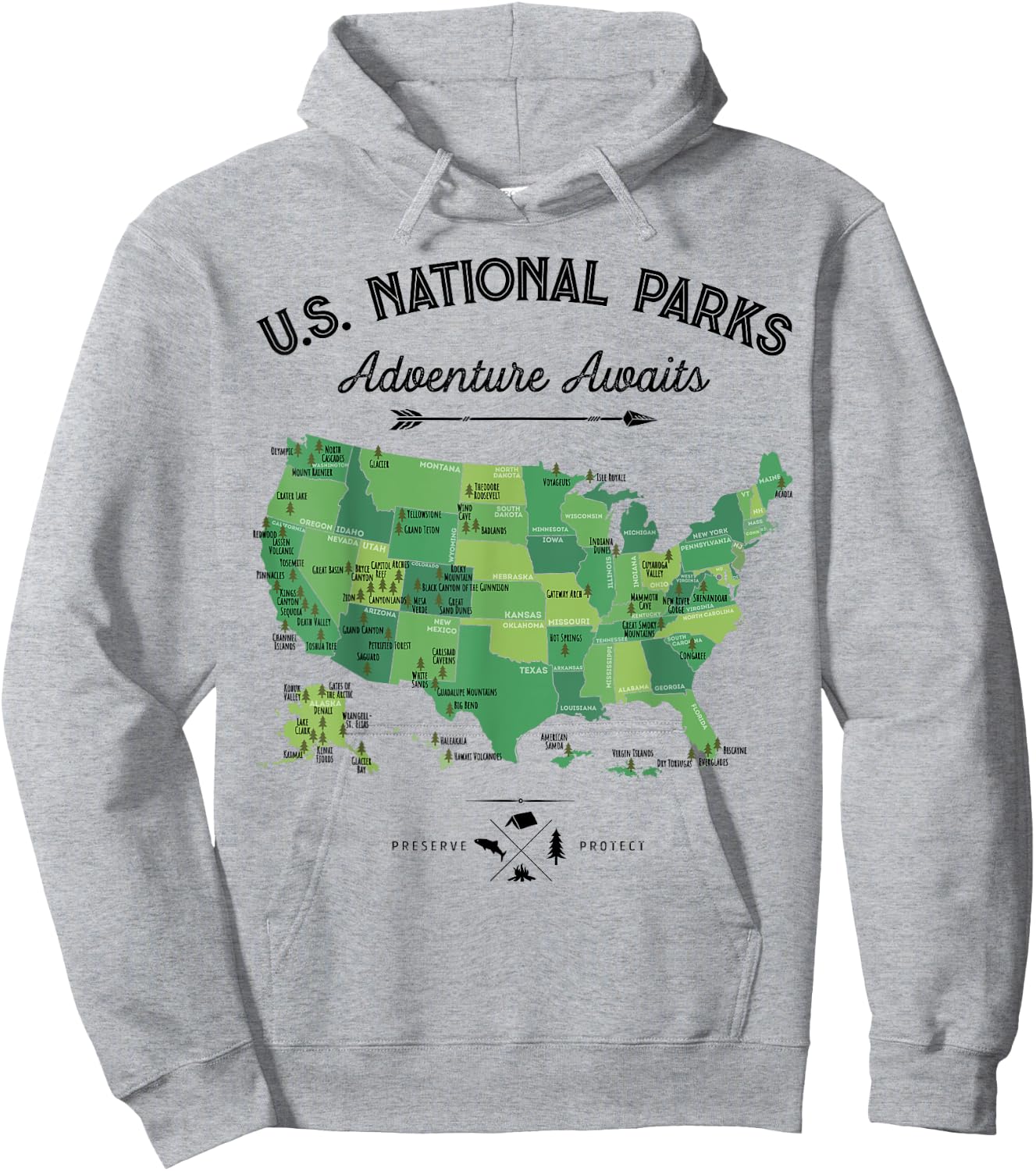 63 National Parks Map US Park Retro Vintage Camping Hiking Hoodie - Hoodie | Ash