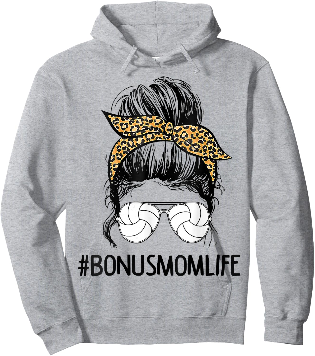 Volleyball Bonus Mom Life Messy Bun Leopard Mother’s Day Hoodie - Hoodie | Ash