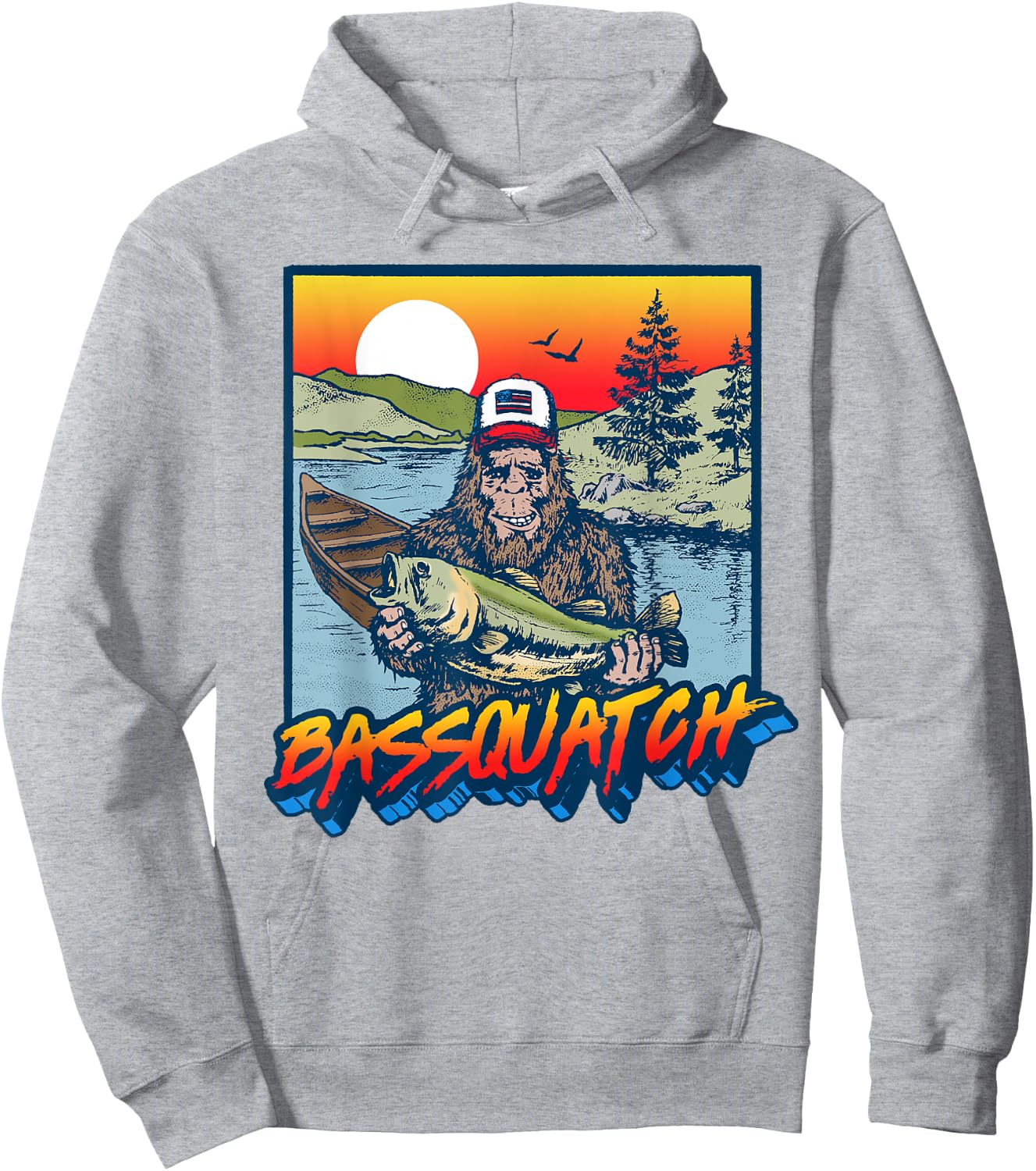Bassquatch! Funny Bass Fishing Sasquatch Retro 80s Hoodie - Hoodie | Ash