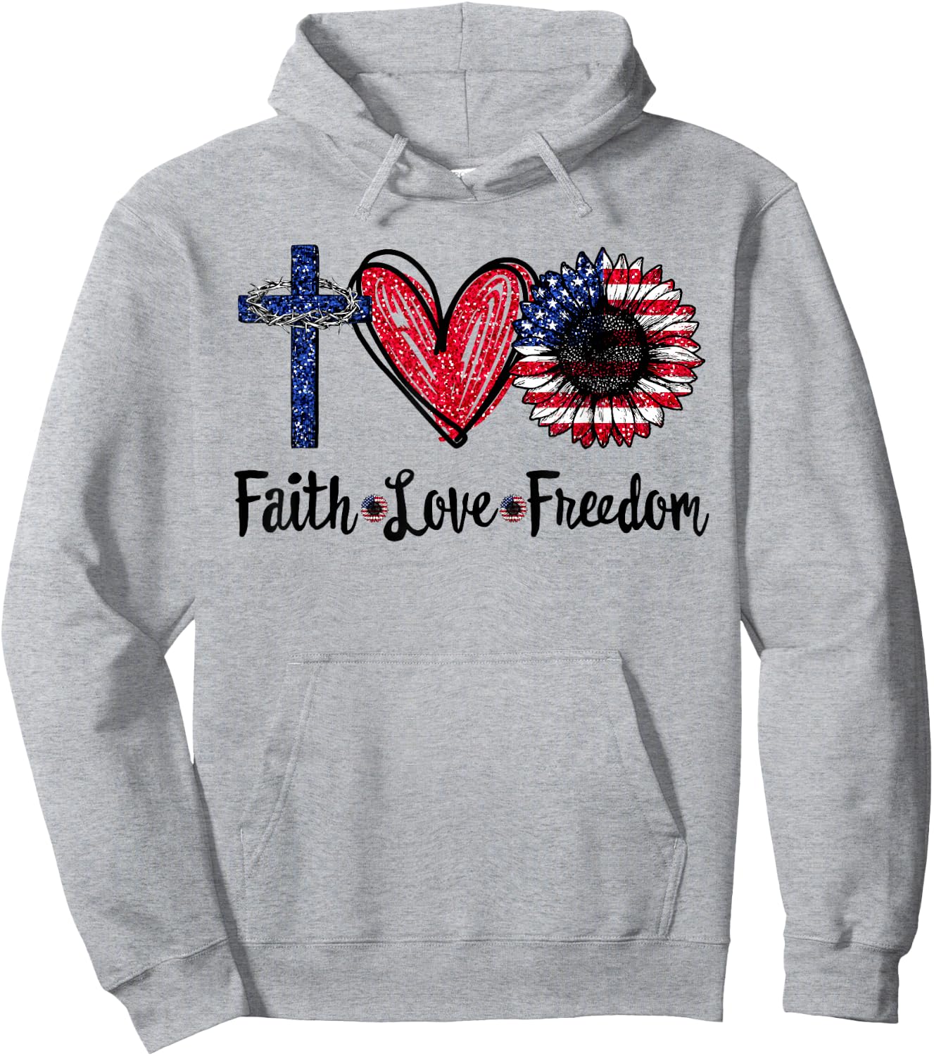 Faith Love Freedom Sunflower Jesus American Flag 4th of July Hoodie - Hoodie | Ash