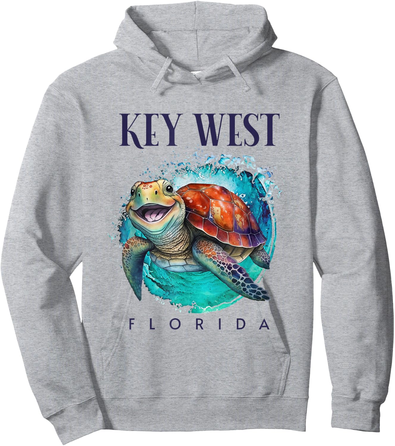 Key West Florida Watercolor Happy Sea Turtle Hoodie - Hoodie | Ash