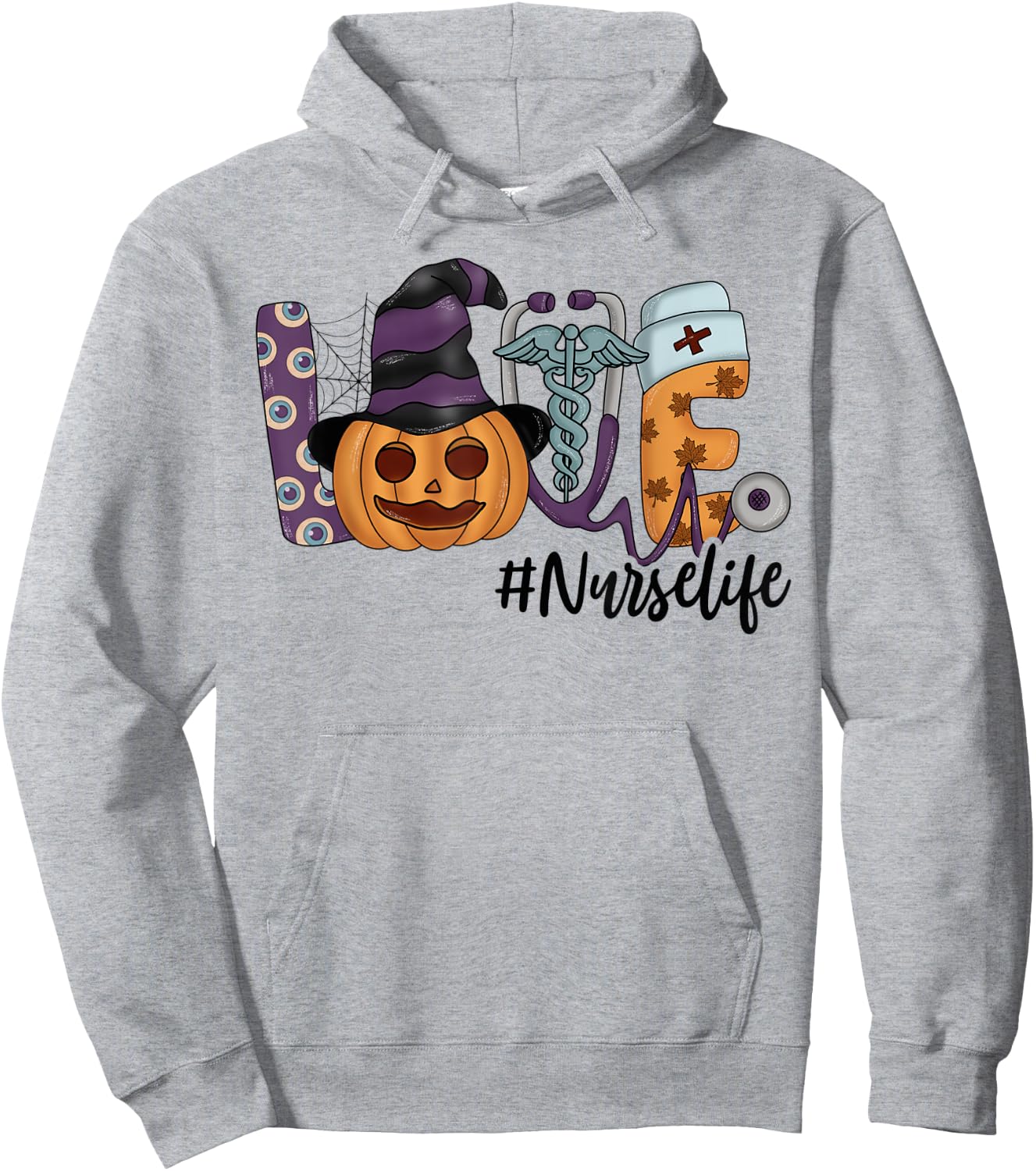 Halloween Love Nurse Stethoscope Pumpkin Health Worker Hoodie - Hoodie | Ash