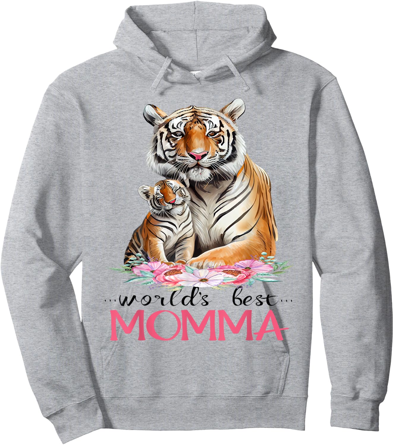 World's Best Momma Mom 2025 Pretty Floral Tiger & Cub Hoodie - Hoodie | Ash