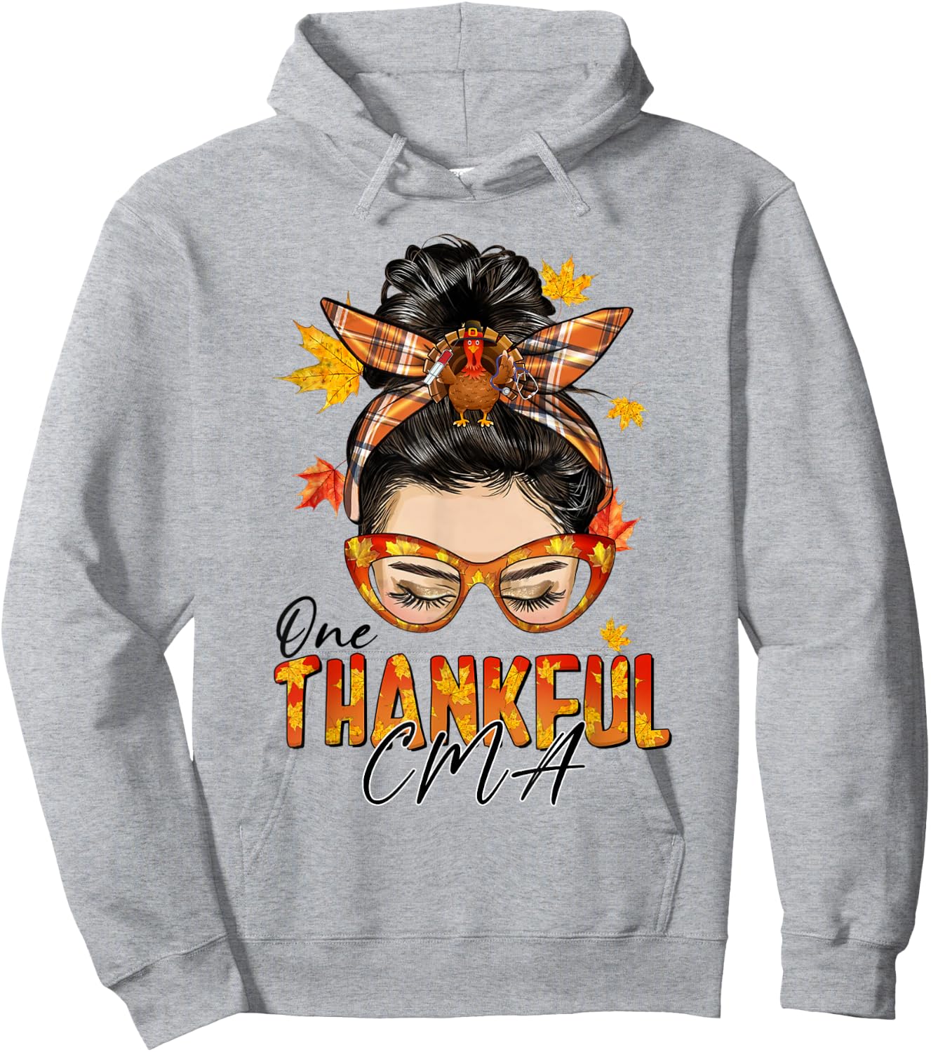 One Thankful CMA Turkey Messy Bun Fall Thanksgiving Hoodie - Hoodie | Ash