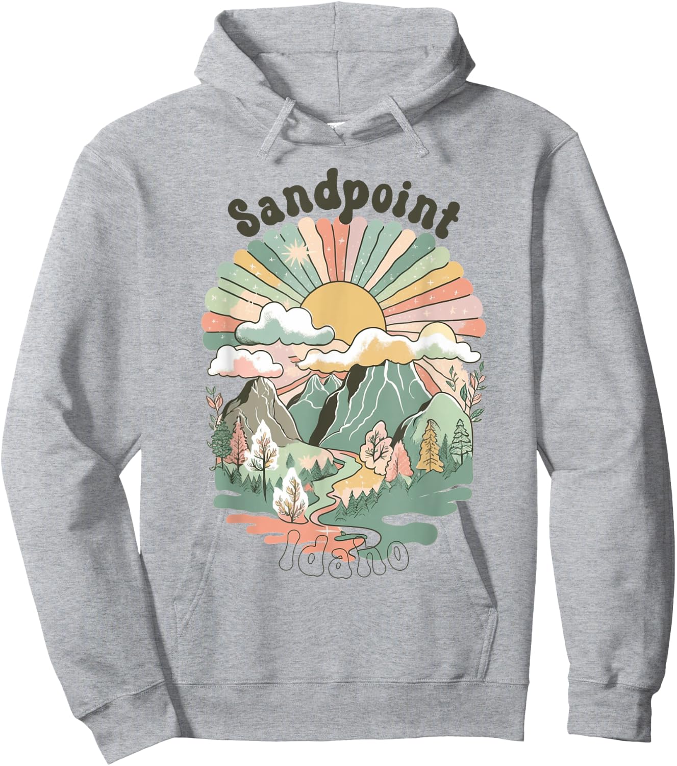 Vintage Sandpoint Idaho Mountains Hiking Sunset Groovy Hoodie - Hoodie | Ash