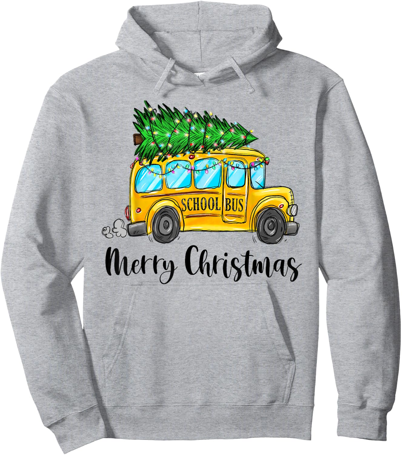Yellow School Bus Christmas Light Tree Driver Pajama Xmas Hoodie - Hoodie | Ash
