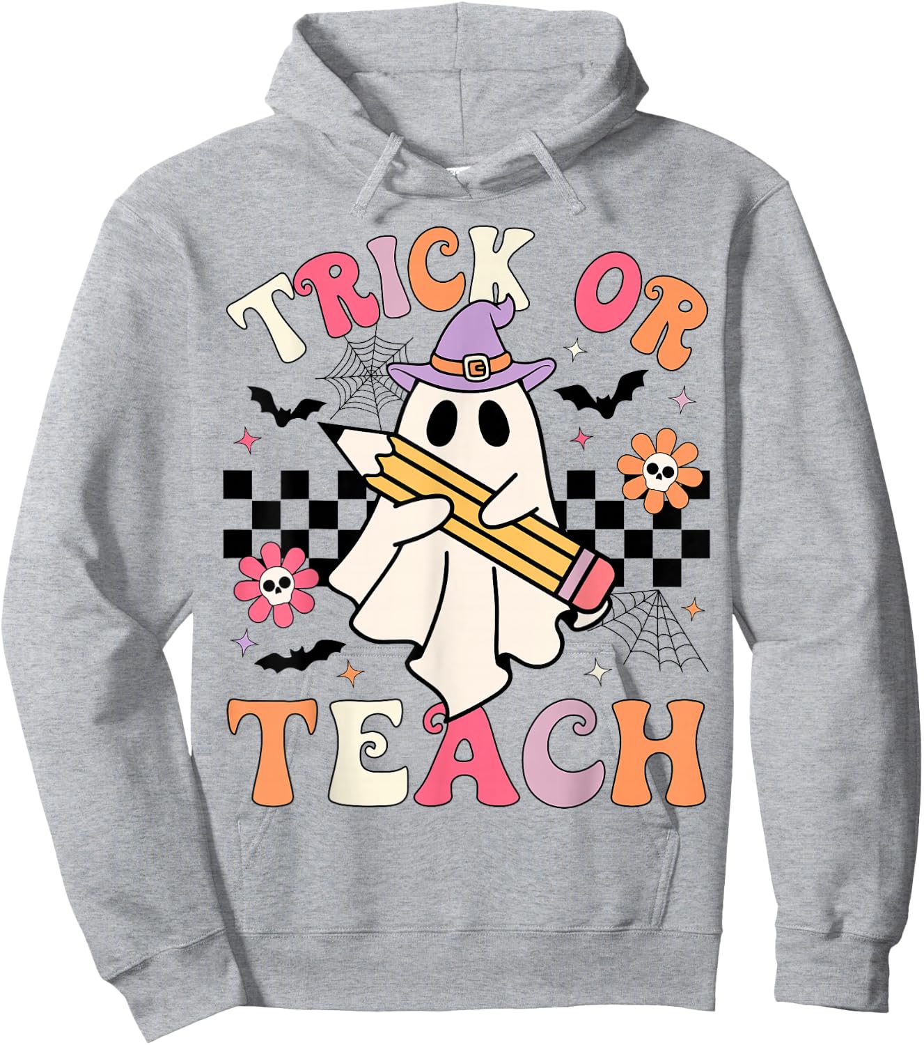 Trick Or Teach Groovy Teacher Halloween Retro Floral Ghost Hoodie - Hoodie | Ash