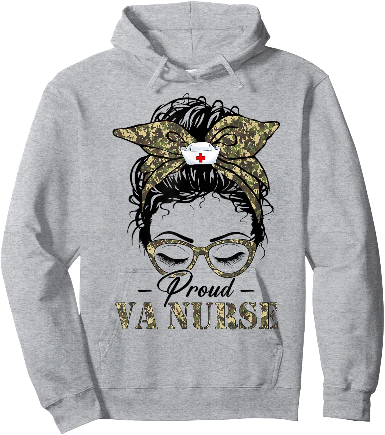 Funny Messy Bun VA Nurse Camouflage Print Army Nurses Women Hoodie - Hoodie | Ash