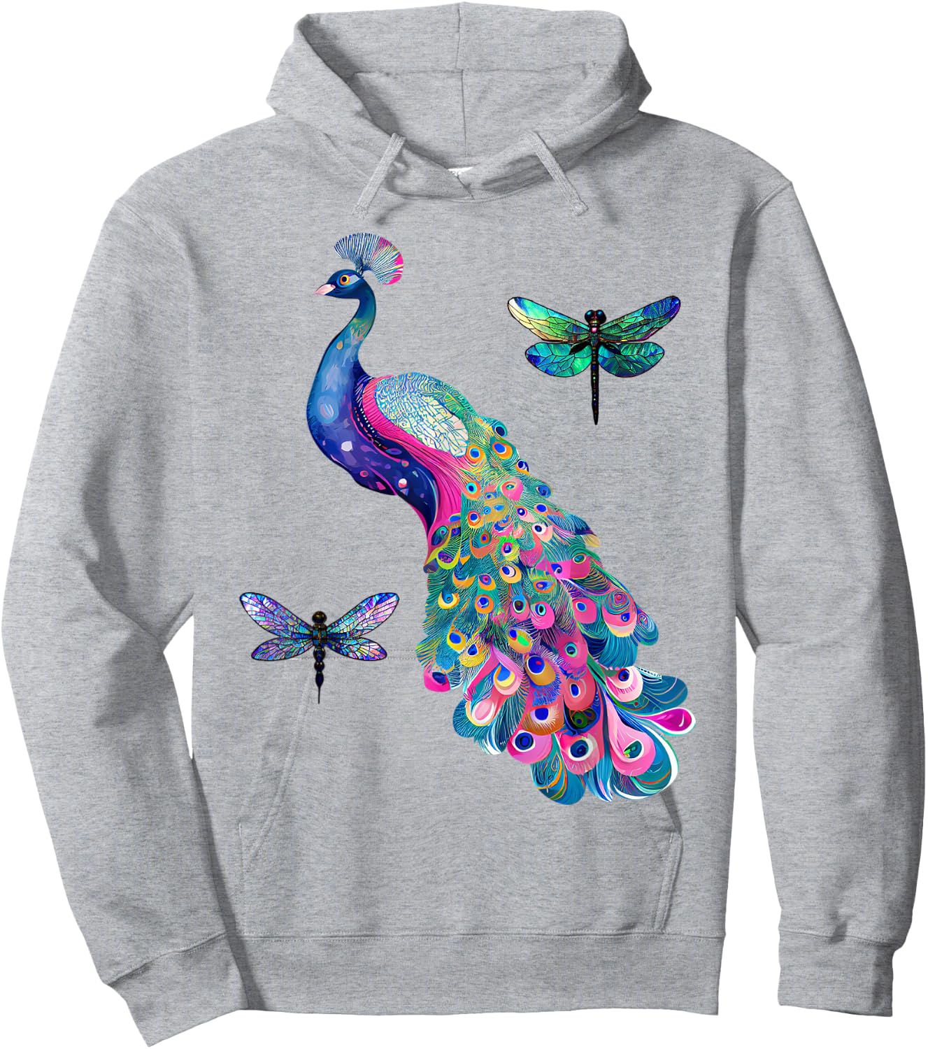 Colorful Peacock Feathers Dragonflies Graphic Art Design Hoodie - Hoodie | Ash