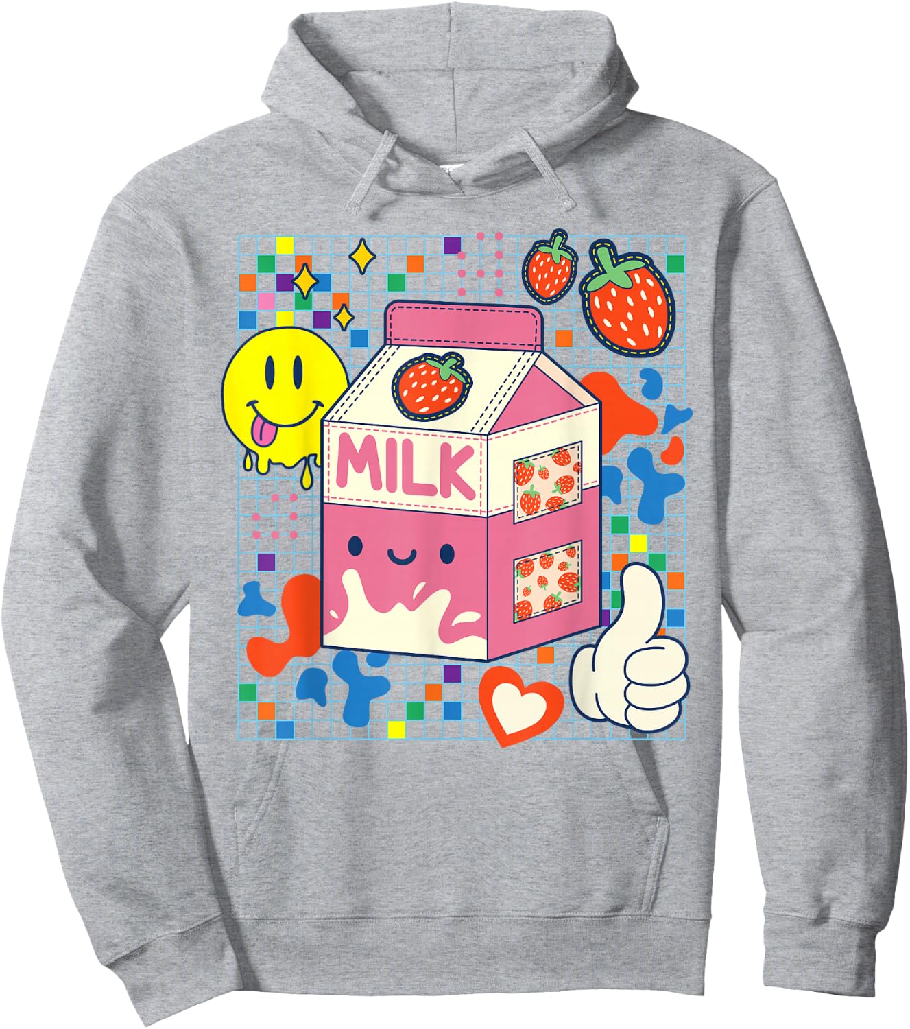Kidcore Aesthetic Strawberry Milk Fabric Patches Decora Kei Hoodie - Hoodie | Ash