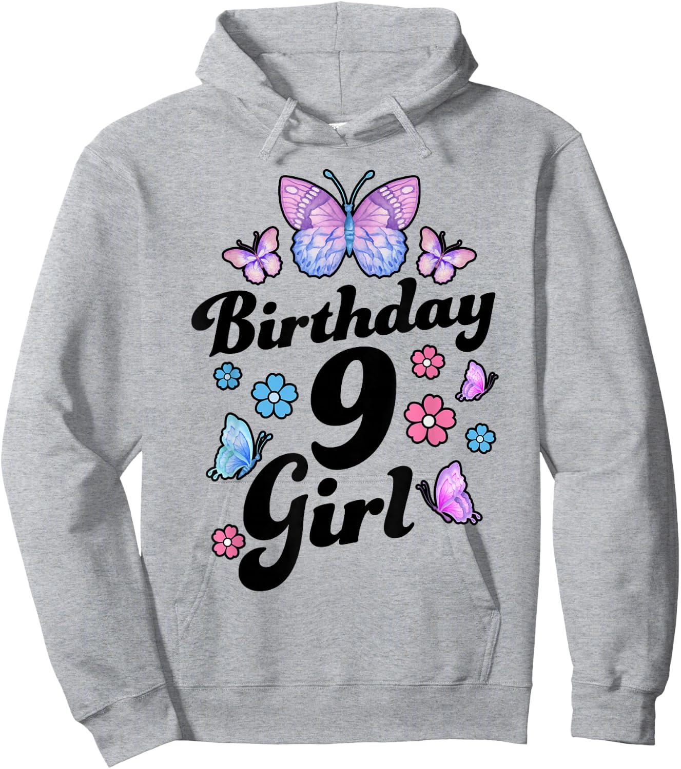 Butterfly Birthday Girl 9 Year Old Cute 9th Bday Party Hoodie - Hoodie | Ash