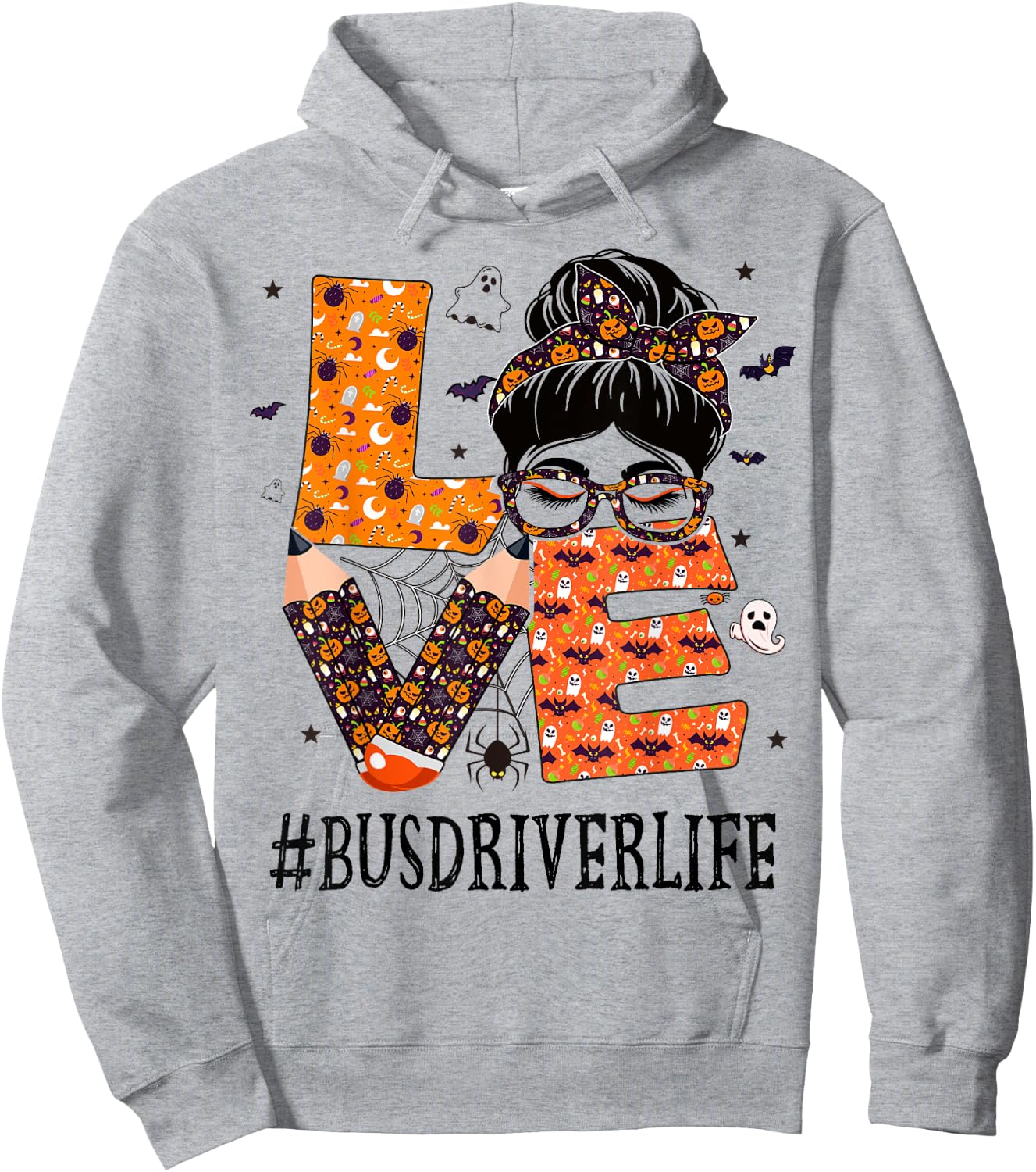 Bus Driver Love Messy Bun Pumpkin Women Halloween Costume Hoodie - Hoodie | Ash