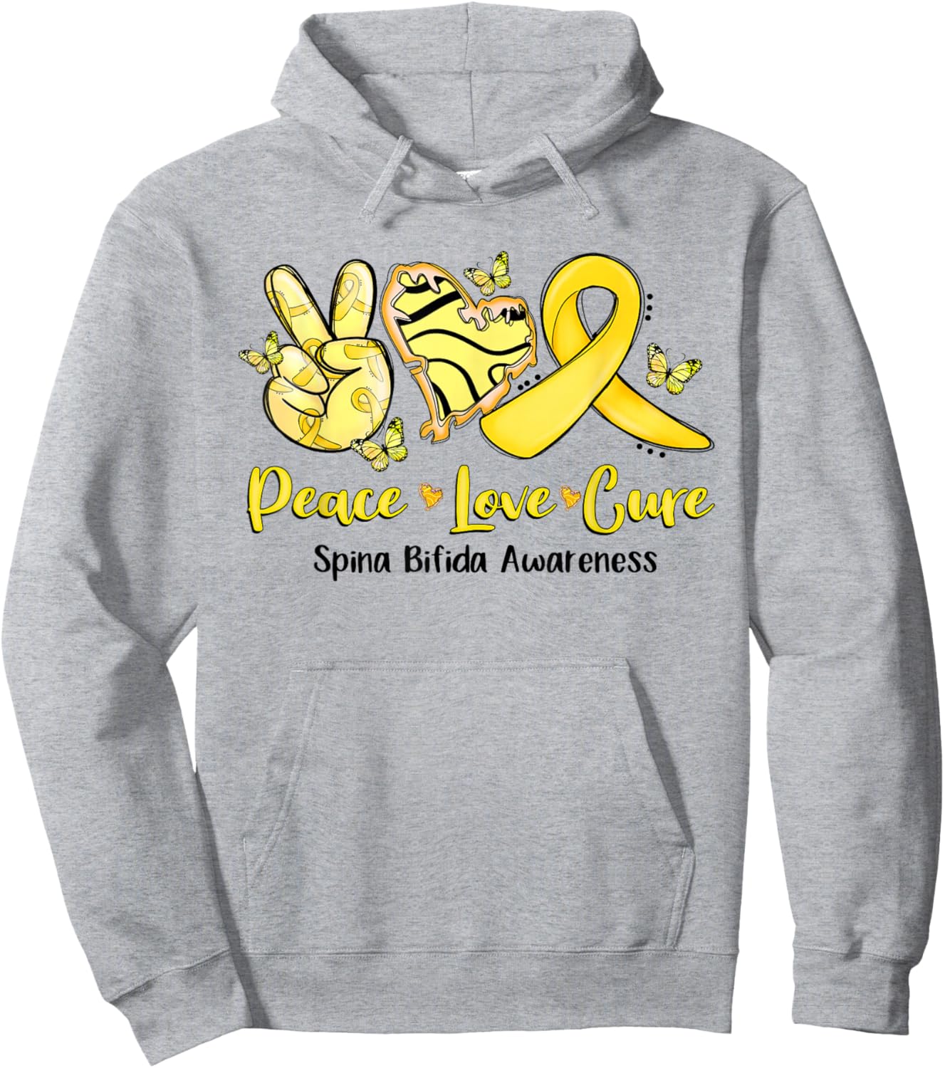 Peace Love Cure Yellow Ribbon Spina Bifida Awareness Hoodie - Hoodie | Ash