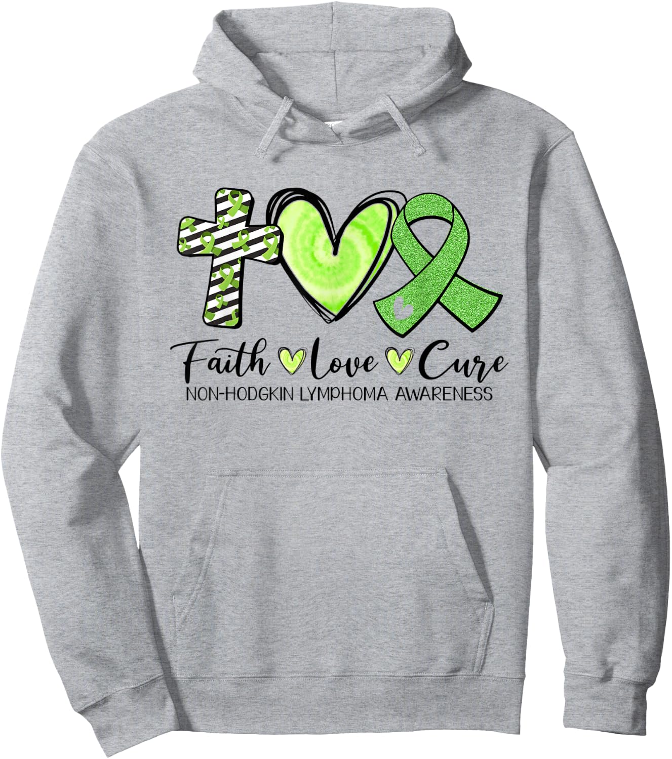 Faith Hope Cure Green Ribbon Non-Hodgkin Lymphoma Awareness Hoodie - Hoodie | Ash