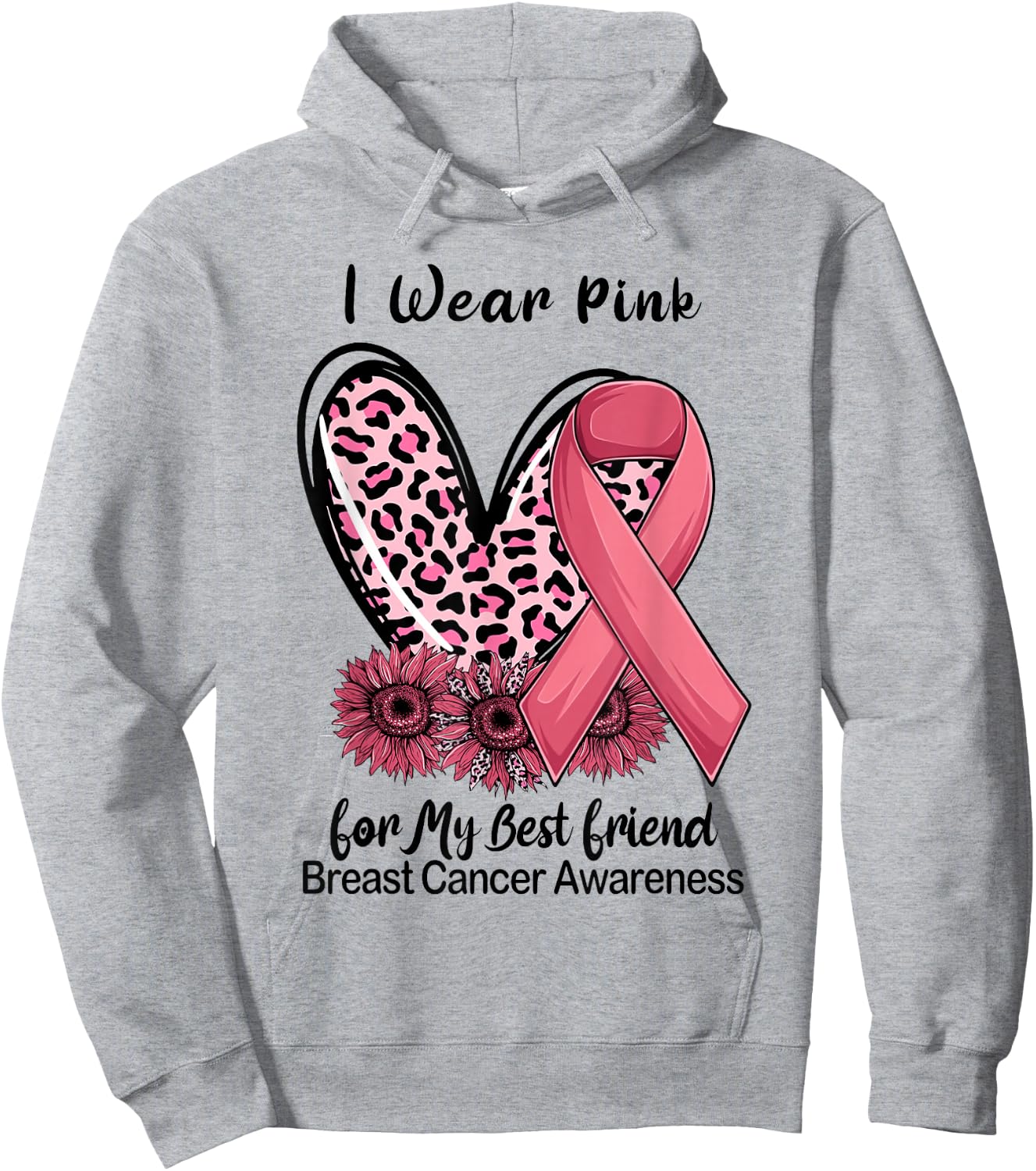I Wear Pink For My Best Friend Ribbon Leopard Heart Hoodie - Hoodie | Ash