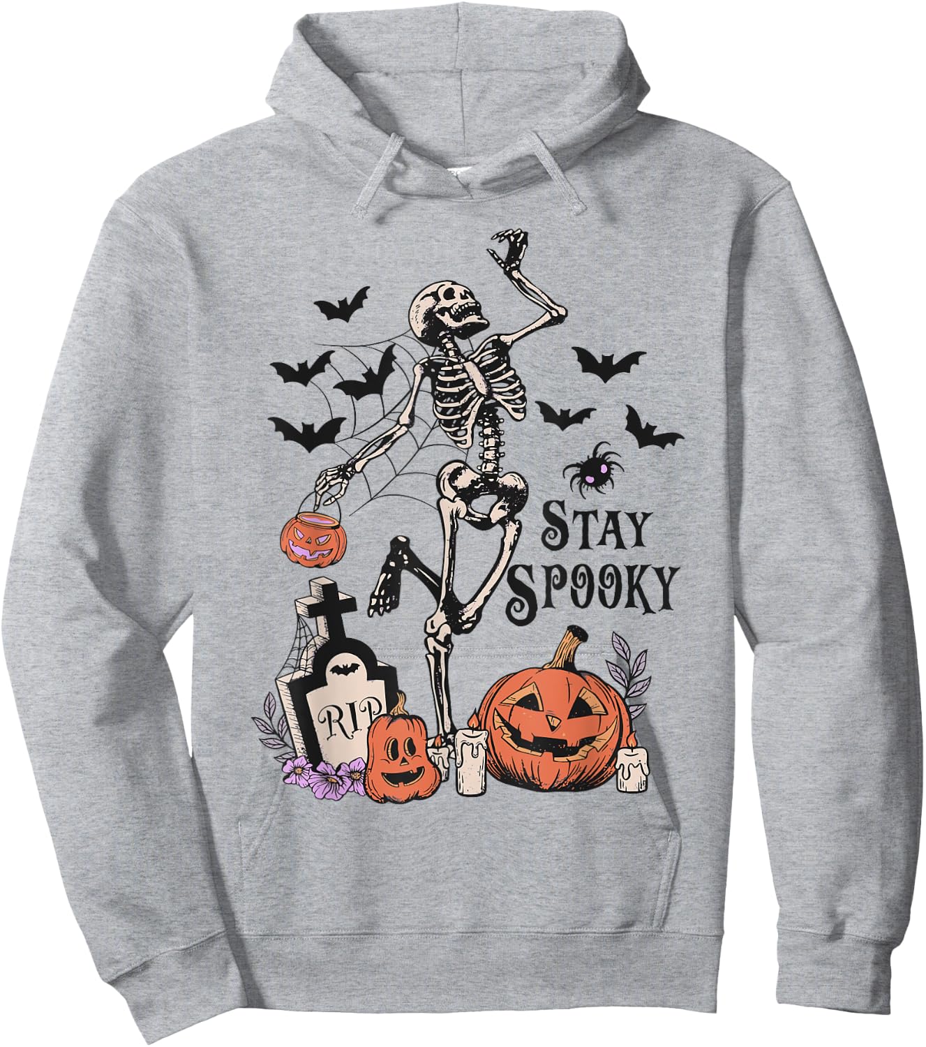 Dancing Skeleton Pumpkin Bat Tombstone Spooky Halloween Hoodie - Hoodie | Ash