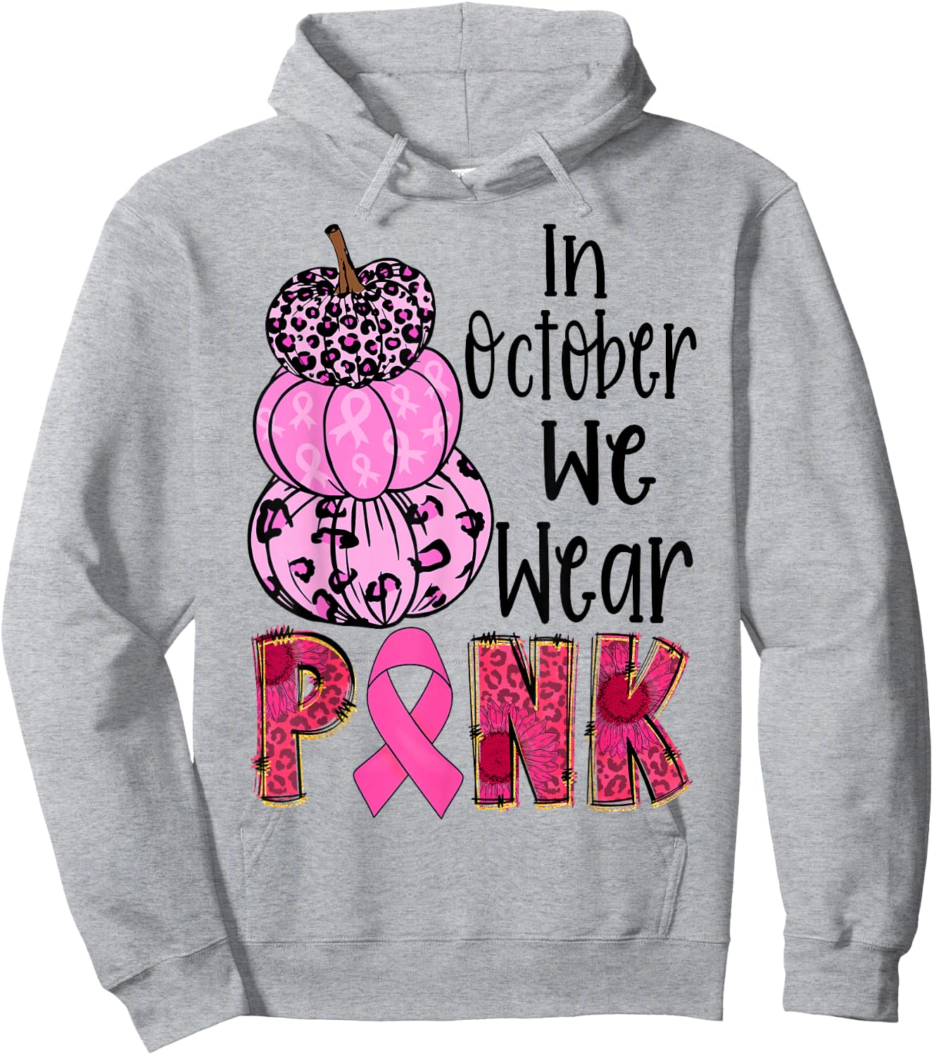 In October We Wear Pink Ribbon Leopard Pumpkin Breast Cancer Hoodie - Hoodie | Ash