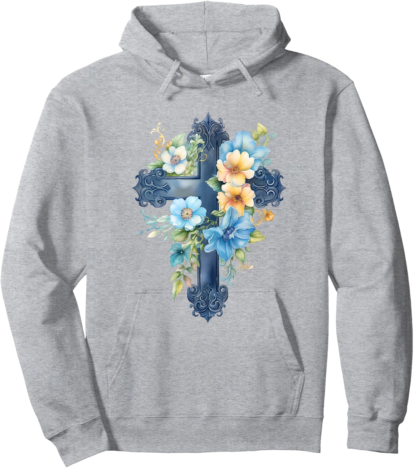 Catholic Watercolor Cross Graphic Women Floral Aesthetic Hoodie - Hoodie | Ash