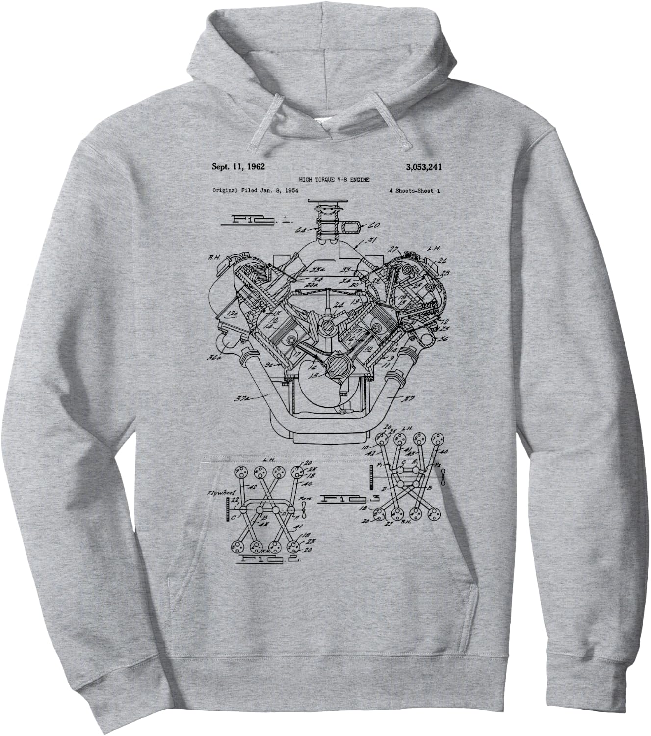 Vintage Engine Block Blueprint Diagram – Men's Car Graphic Hoodie - Hoodie | Ash