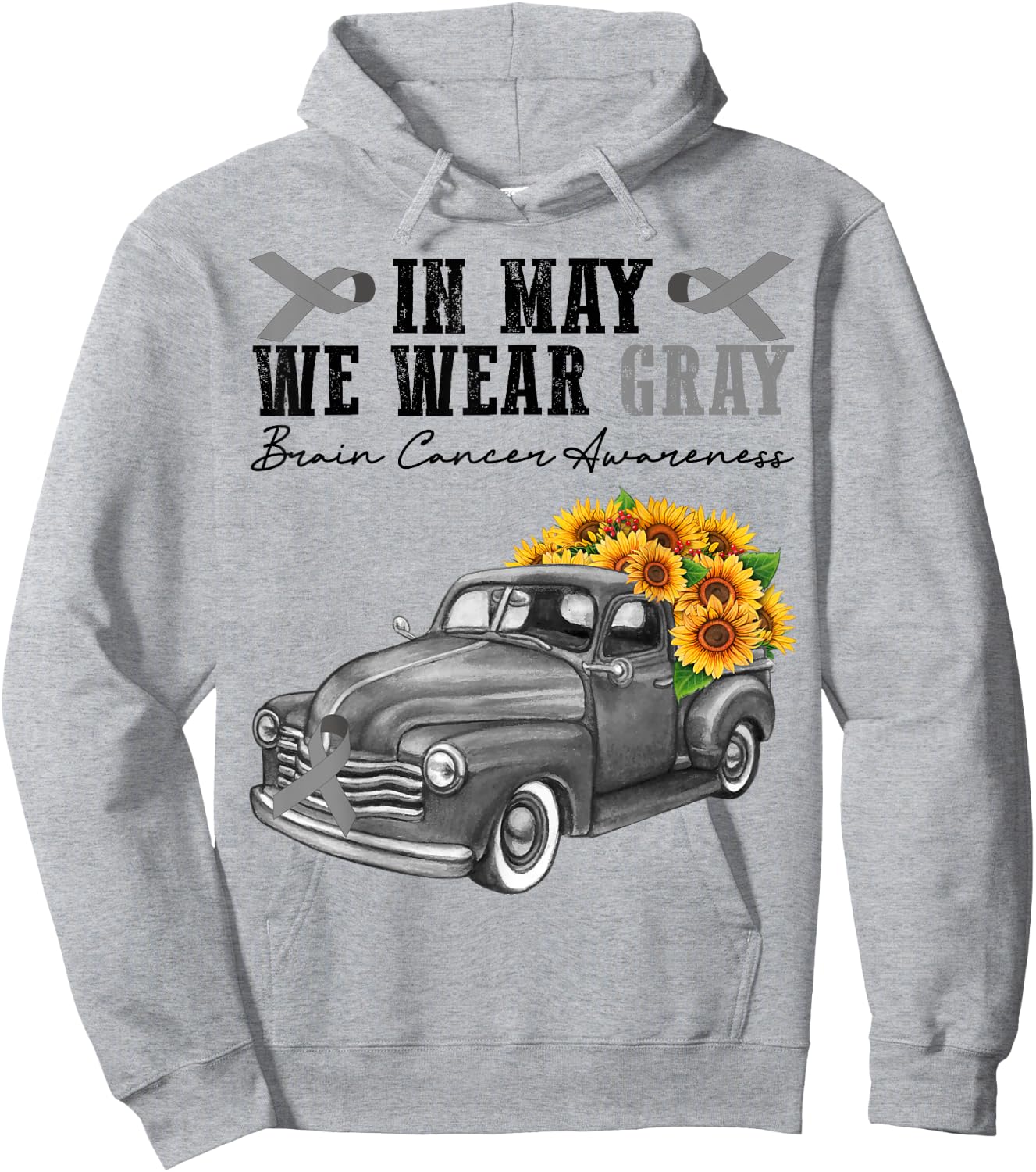 In May We Wear Gray Brain Cancer Awareness Day Floral Truck Hoodie - Hoodie | Ash